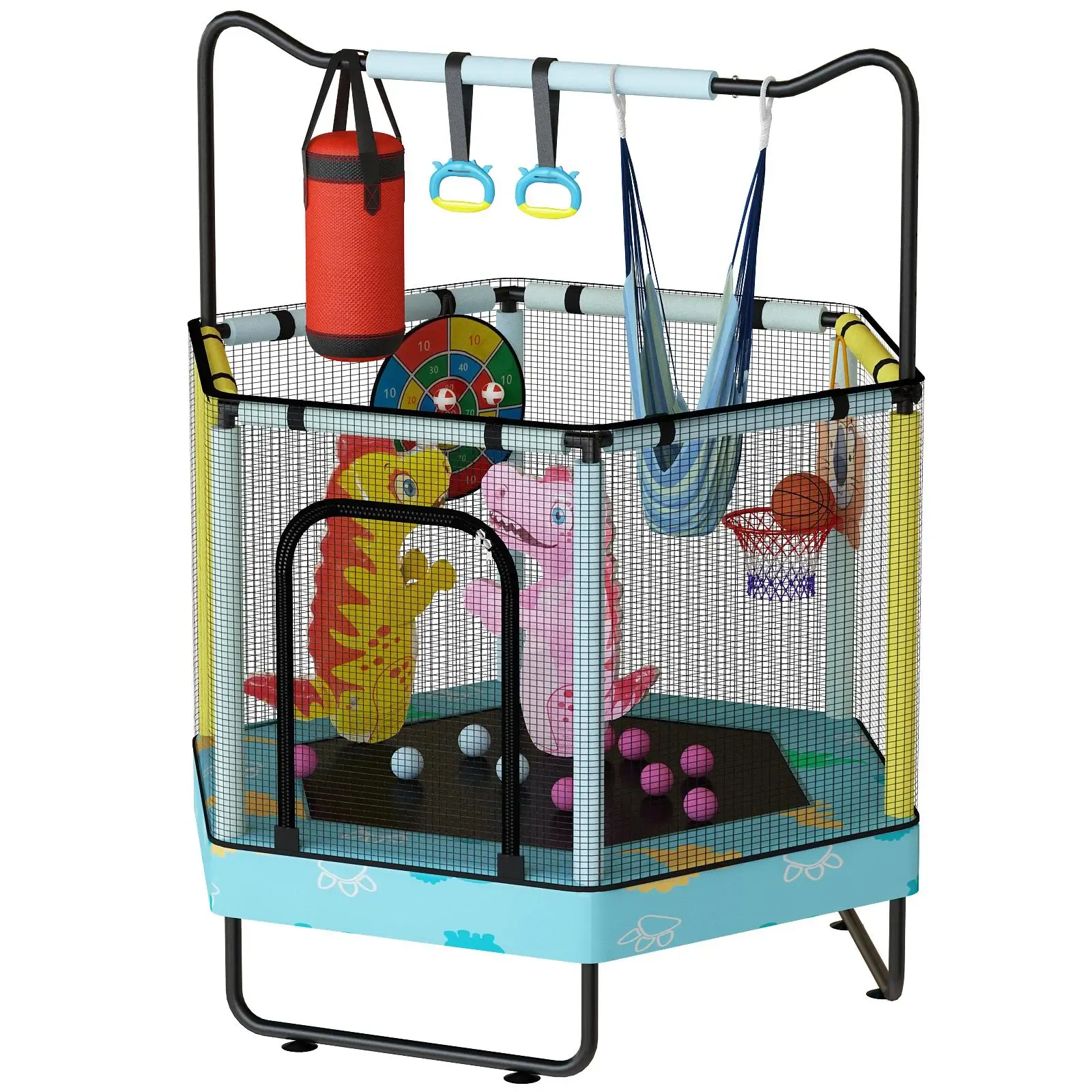 Mini Trampolín Redondo para Niños 7 en 1 – Juguetes Multifuncionales para Interior y Exterior con Aro de Baloncesto, Columpio, Anillos Colgantes, Pelotas de Océano, Bolsa de Arena, Dianas Inflables, Ideal como Regalo para Niños y Niñas, Seguro y Perfecto 