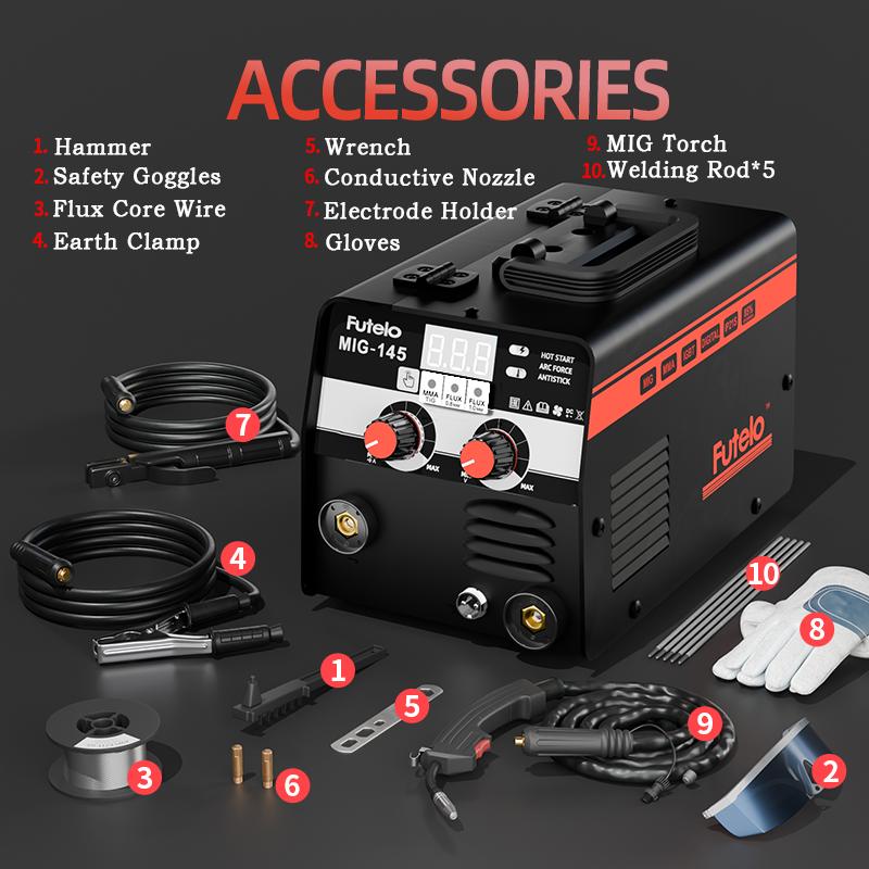 FUTELO MIG-145 145A 110V Flux Core MIG Welder Machine, Gasless MIG/Stick/Lift TIG 3-in-1 Welding Machine Portable Synergic Control IGBT Inverter