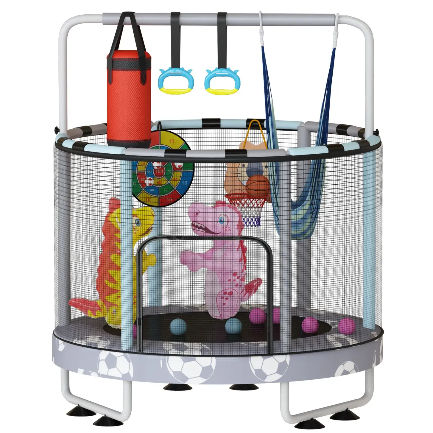 Mini Trampolín Redondo para Niños 7 en 1 – Juguetes Multifuncionales para Interior y Exterior con Aro de Baloncesto, Columpio, Anillos Colgantes, Pelotas de Océano, Bolsa de Arena, Dianas Inflables, Ideal como Regalo para Niños y Niñas, Seguro y Perfecto 