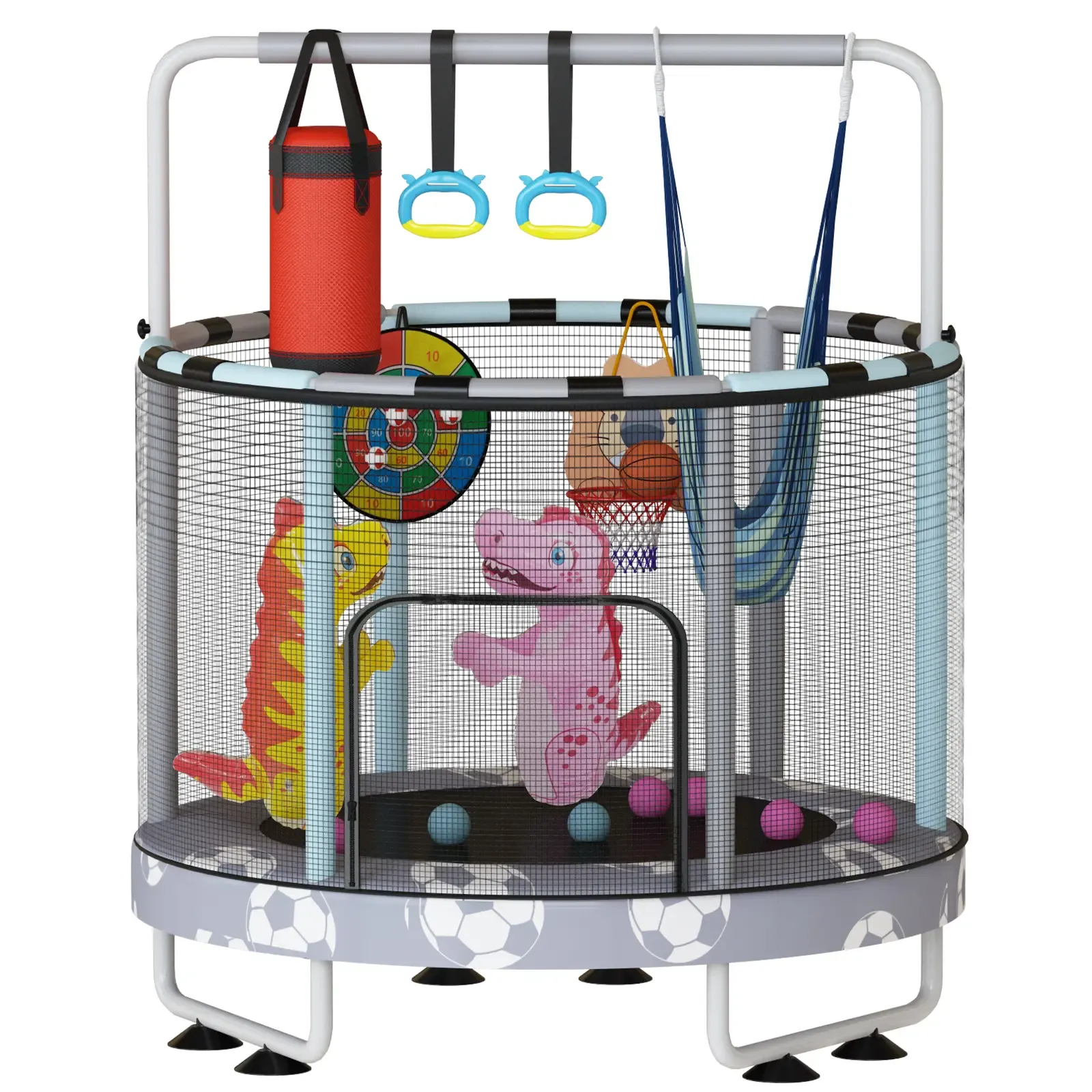 Mini Trampolín Redondo para Niños 7 en 1 – Juguetes Multifuncionales para Interior y Exterior con Aro de Baloncesto, Columpio, Anillos Colgantes, Pelotas de Océano, Bolsa de Arena, Dianas Inflables, Ideal como Regalo para Niños y Niñas, Seguro y Perfecto 