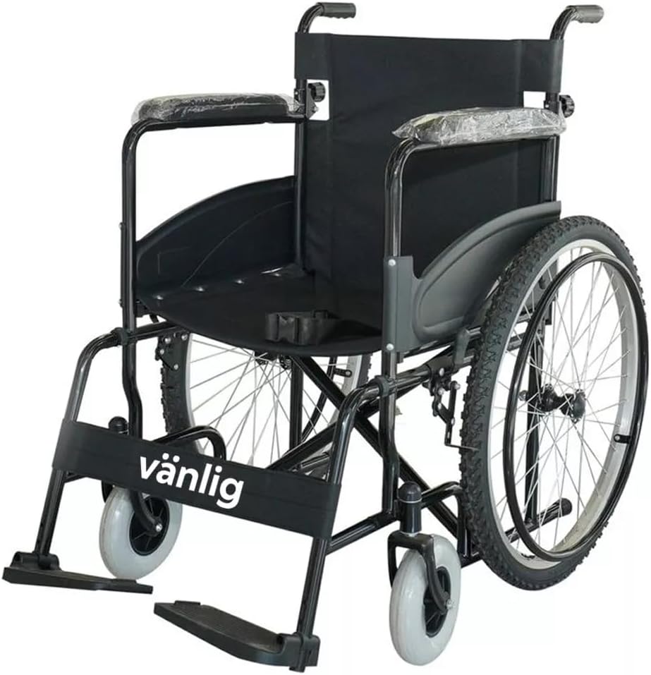 VANLIG Silla de Ruedas Manual Plegable Todo Terreno | Ligera y Resistente hasta 120 kg | Compacta para Transporte | Asiento Ergonómico y Reposapiés Abatibles | Ideal para Adultos y Personas Mayores