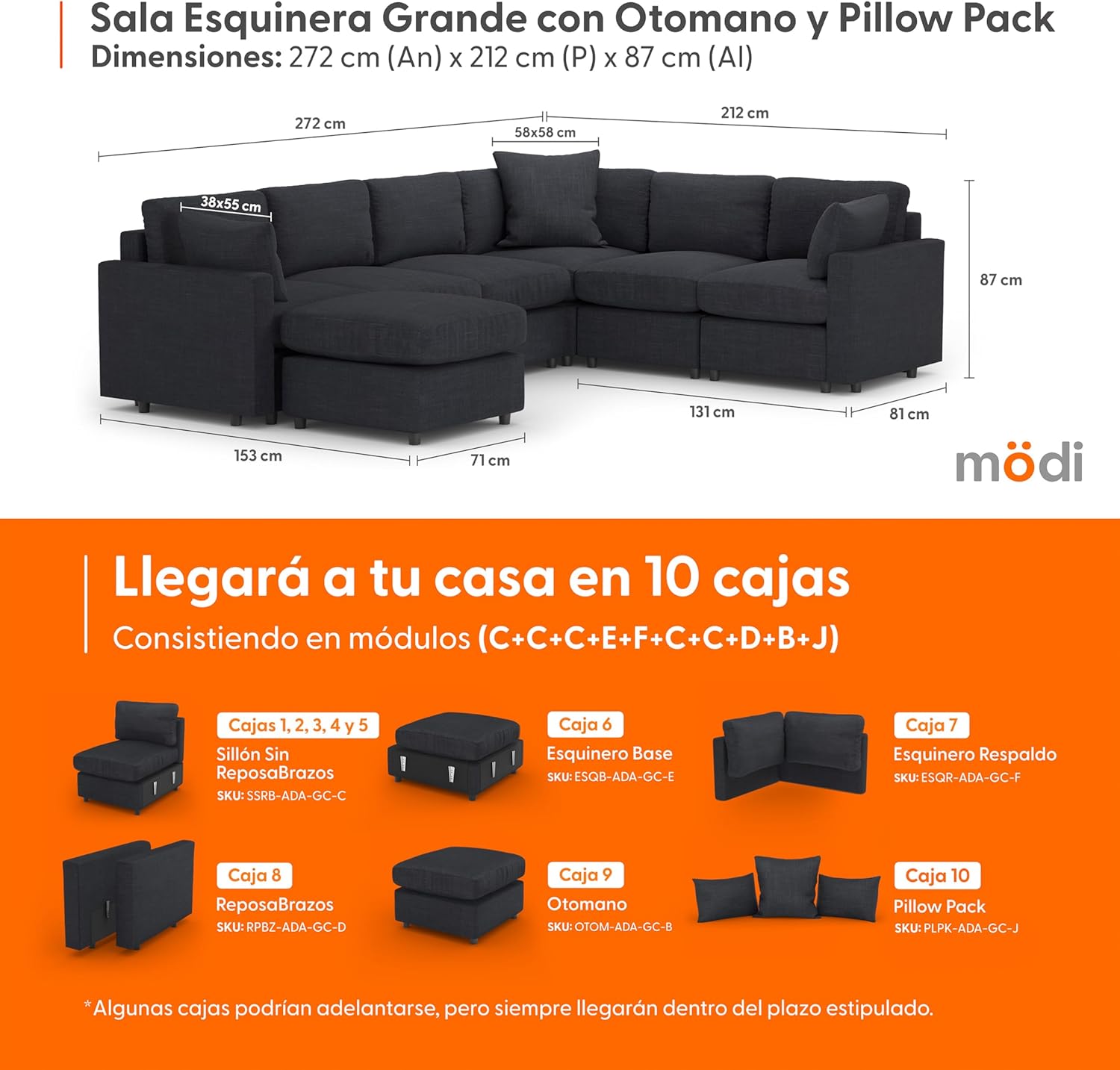 MODISOFA - Sofá Sala Esquinera Modular con Otomano | 6 Plazas | Gris Claro | + Pillow Pack | Fácil de Ensamblar y Adaptable | Envío Gratis