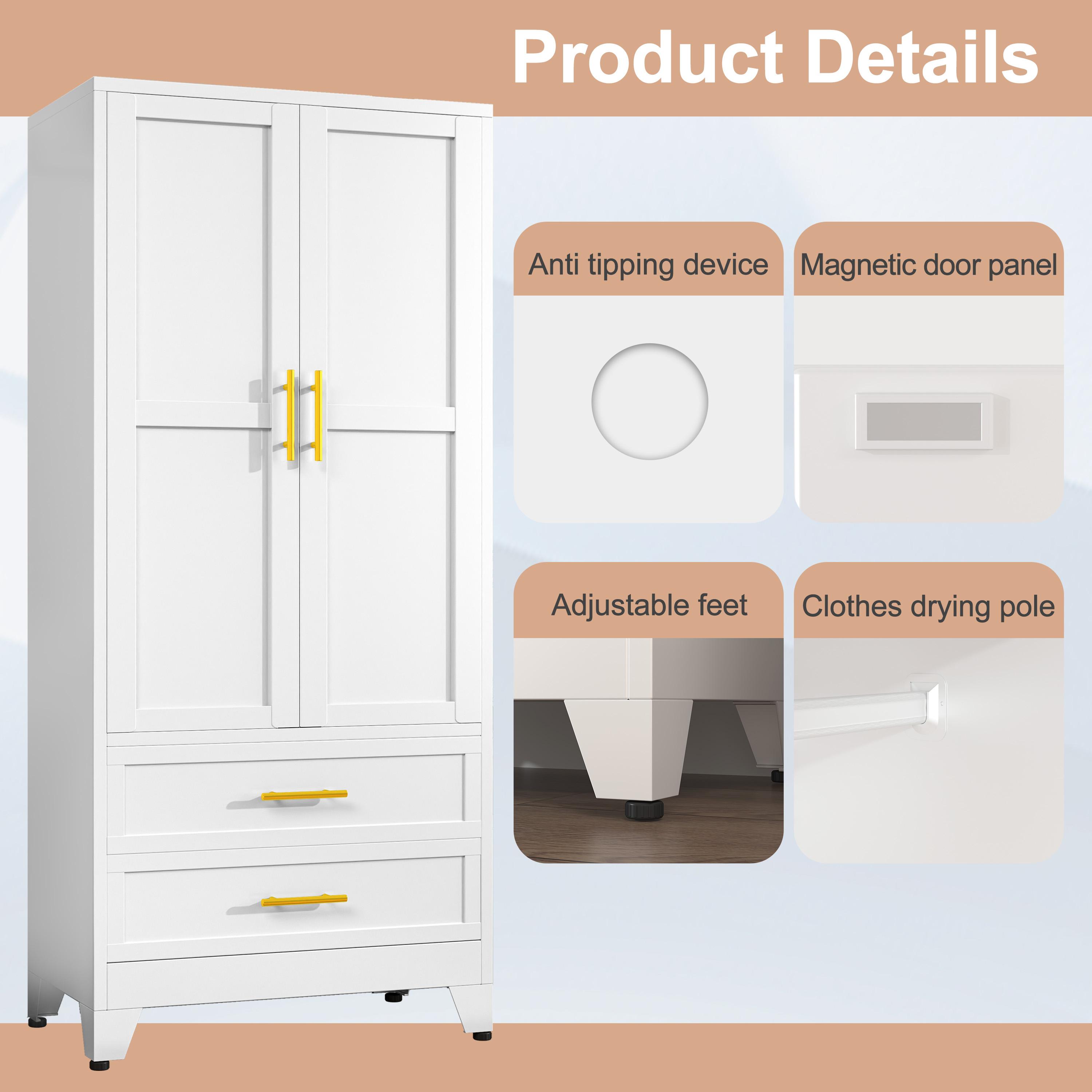 Metal Wardrobe Closet with 2 Doors & 2 Drawers, 71"" Tall Armoire Wardrobe Closet with Hanging Rods and Adjustable Shelf, Steel Wardrobe Storage Cabinet for Bedroom, Large mothersdaygift