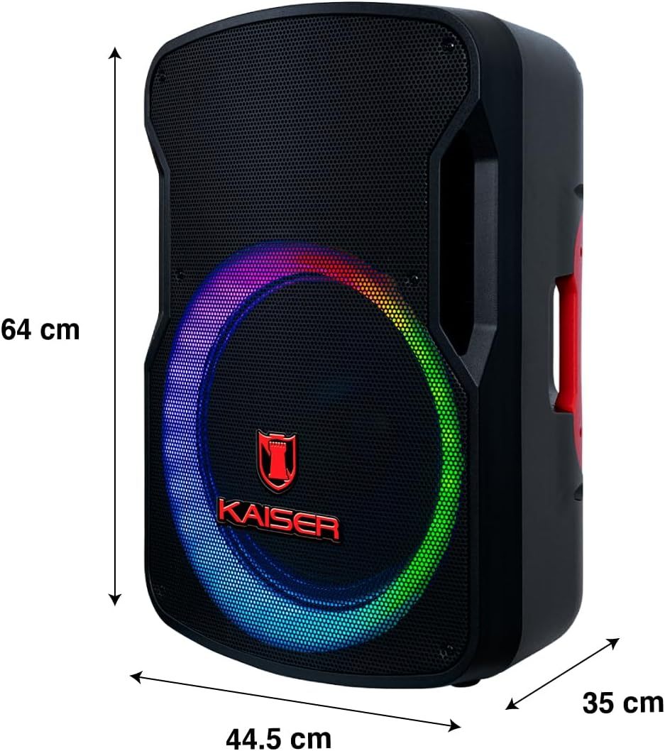 Kaiser Bafle Profesional Recargable, 15” y Potencia de 25,000 W PMPO Color Negro, Bluetooth, micrófono alámbrico y tripié metálico incluídos y Luz LED Multicolor, Tecnología KSR Link LED GEM-9515