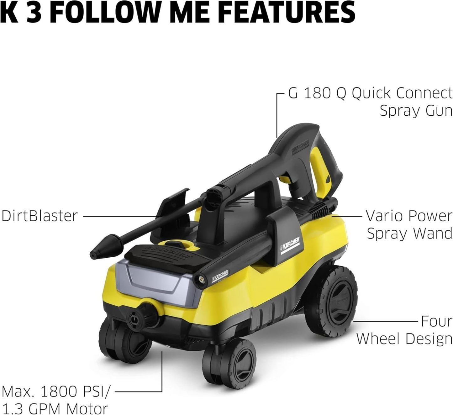 Karcher K3 Follow-Me Limpiador eléctrico a presión con 4 Ruedas giratorias, 1800 PSI, 1.3 GPM, K3 Follow-Me, Amarillo