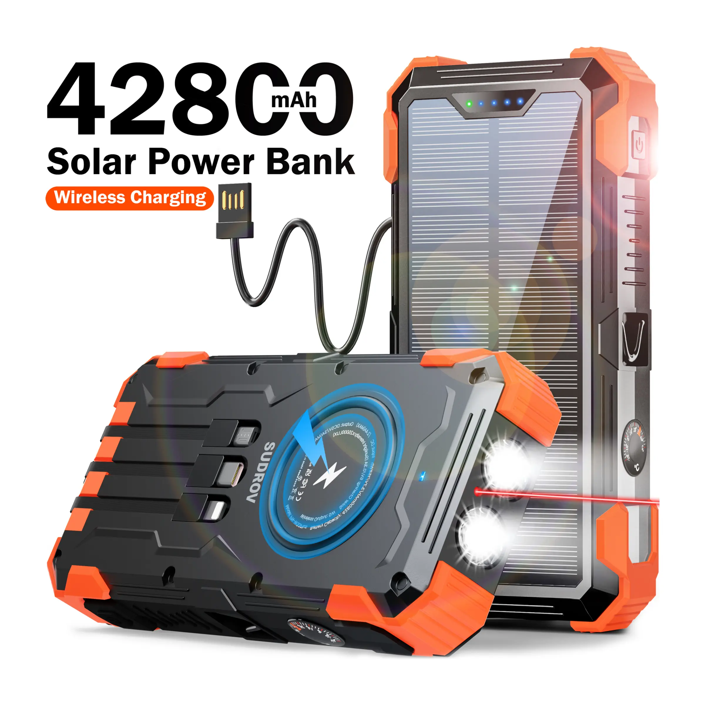 Sudrov Power Bank Solar 42800 mAh – Cargador Inalámbrico con 4 Cables Integrados, 7 Salidas, Carga Rápida de 15W, Compatible con Todos los Dispositivos Móviles, 3 Entradas, Linternas Dobles, Mosquetón y Termómetro