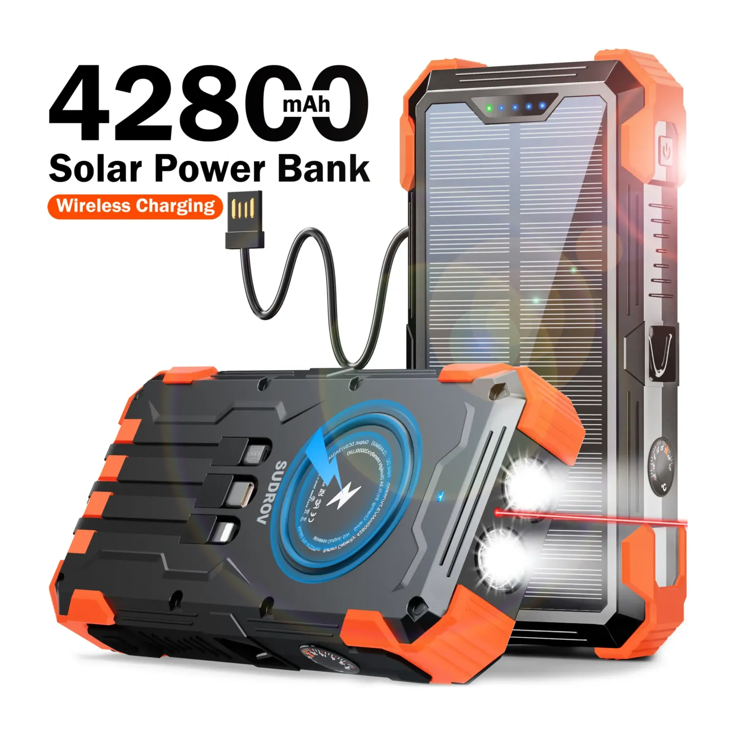 Sudrov Power Bank Solar 42800 mAh – Cargador Inalámbrico con 4 Cables Integrados, 7 Salidas, Carga Rápida de 15W, Compatible con Todos los Dispositivos Móviles, 3 Entradas, Linternas Dobles, Mosquetón y Termómetro