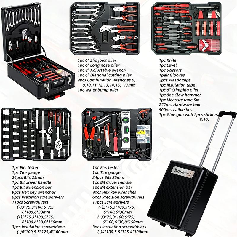 899PCS Tool Set,Large Capacity Metal Hand Toolbox,Rolling Toolbox,Aluminum 4-Drawer Mobile Tool Box,Mechanic & Household Repair Tool Set,Father's Day Gift for Dad