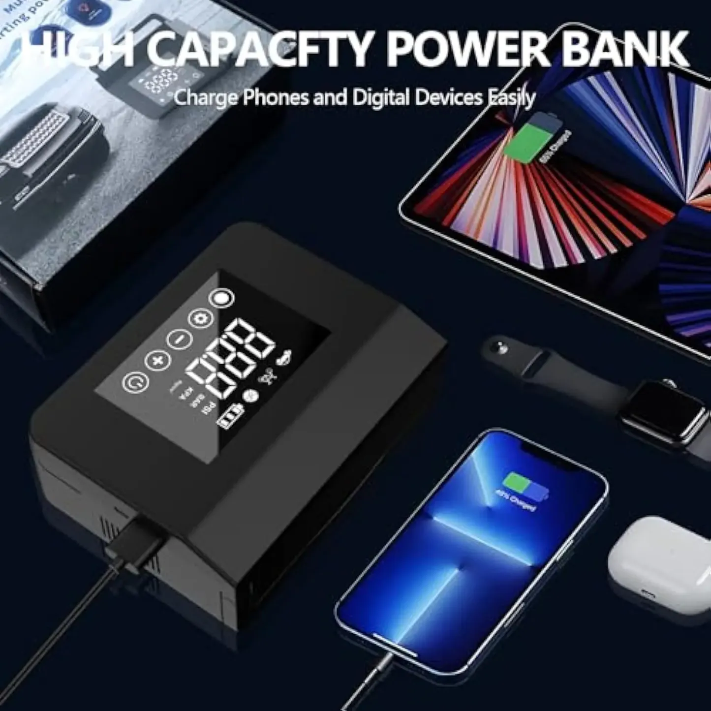 Herramienta de Emergencia para Auto 5 en 1 – Arrancador de Batería 4000A + Bomba de Aire + Power Bank