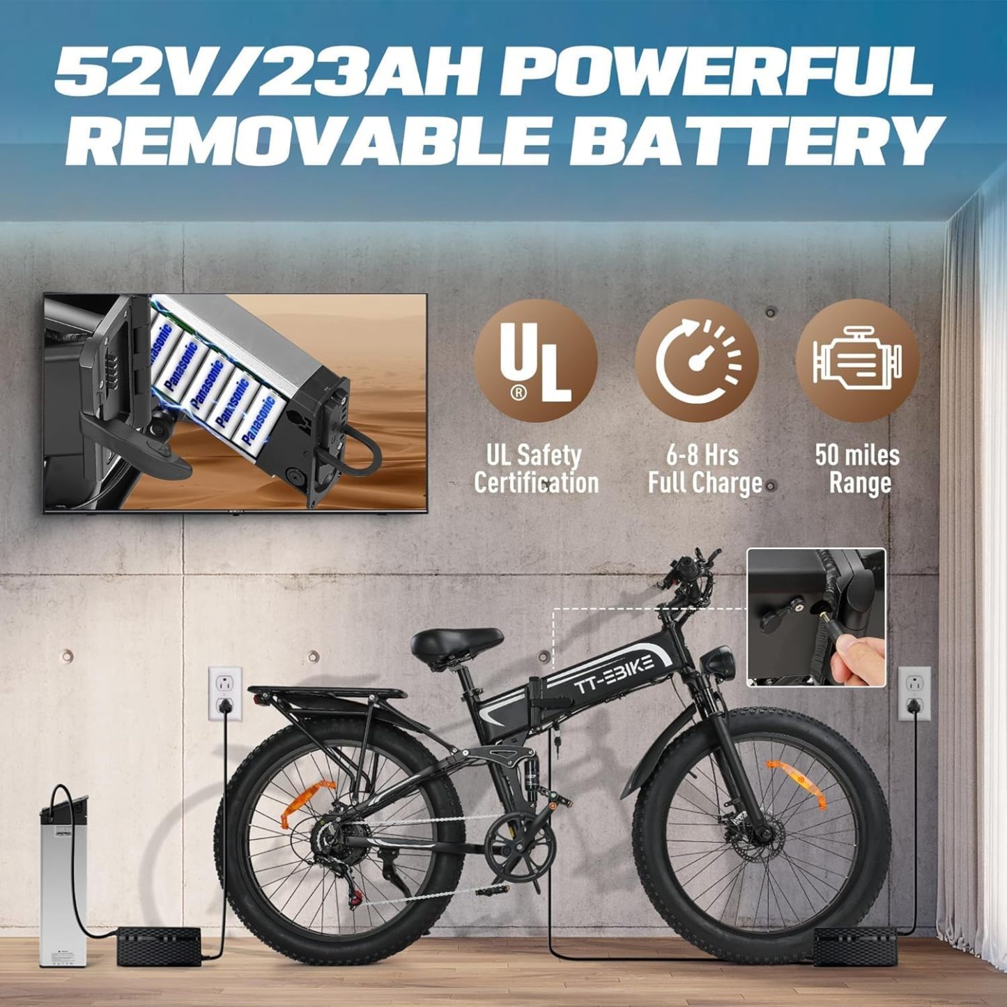 Dual: 4350/3000/2350 W, bicicleta eléctrica para adultos 42/40/32 MPH con batería de 52 V 28/23 AH, bicicleta de montaña E de 26 pulgadas, bicicleta plegable de suspensión completa, engranaje de 7