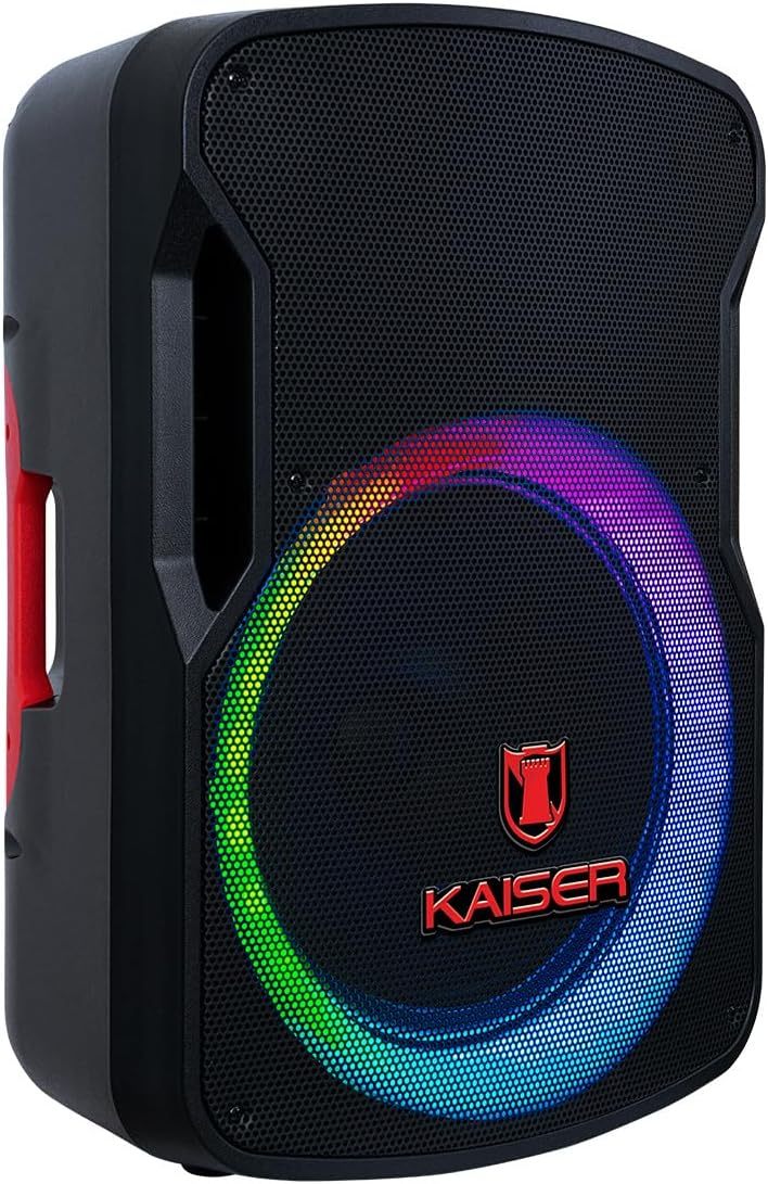 Kaiser Bafle Profesional Recargable, 15” y Potencia de 25,000 W PMPO Color Negro, Bluetooth, micrófono alámbrico y tripié metálico incluídos y Luz LED Multicolor, Tecnología KSR Link LED GEM-9515