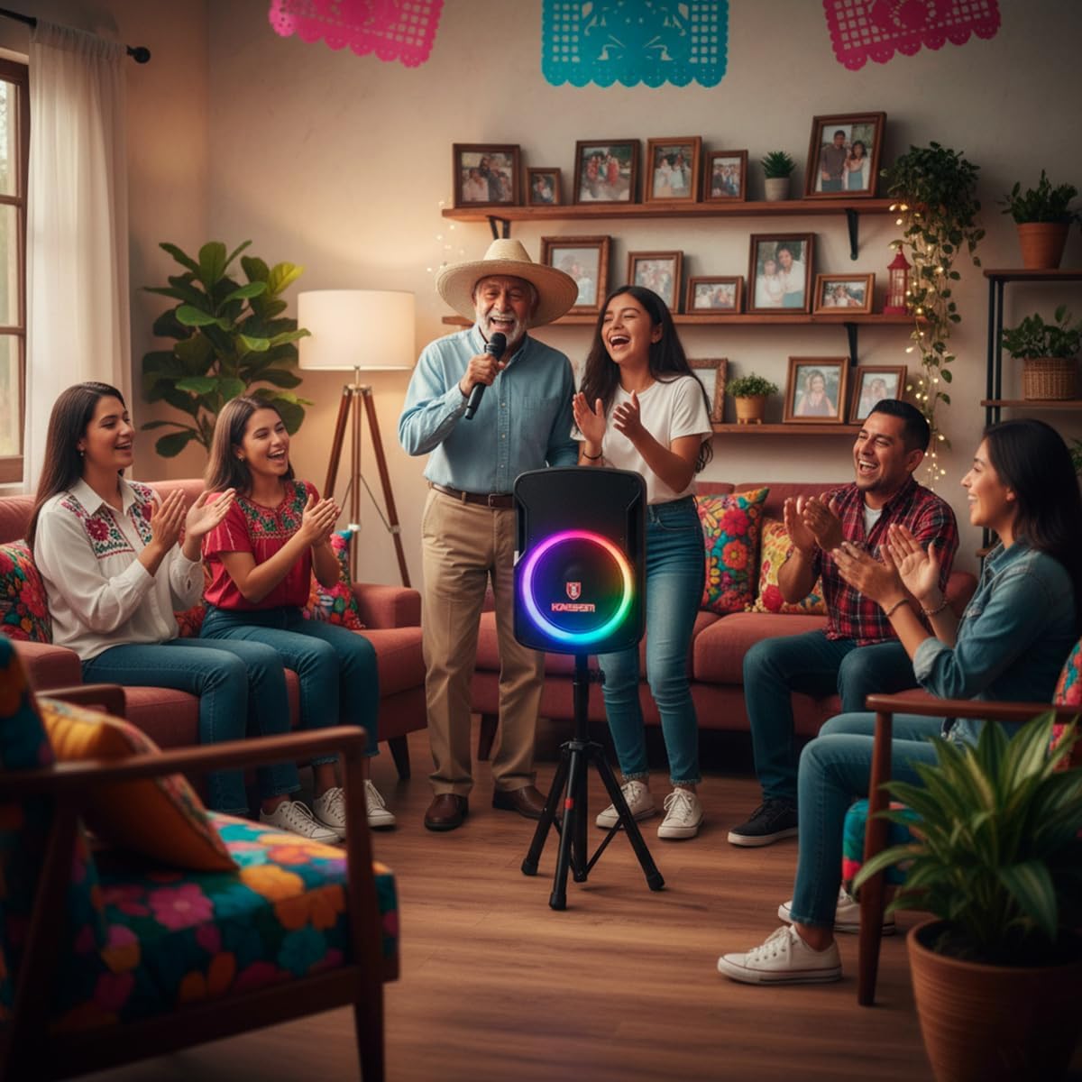 Kaiser Bafle Profesional Recargable, 15” y Potencia de 25,000 W PMPO Color Negro, Bluetooth, micrófono alámbrico y tripié metálico incluídos y Luz LED Multicolor, Tecnología KSR Link LED GEM-9515