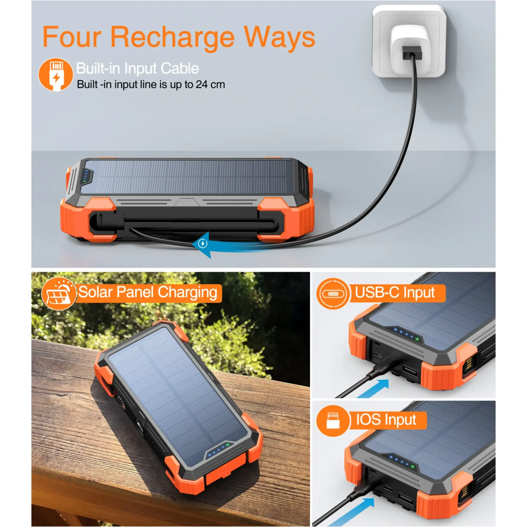 Sudrov Power Bank Solar 42800 mAh – Cargador Inalámbrico con 4 Cables Integrados, 7 Salidas, Carga Rápida de 15W, Compatible con Todos los Dispositivos Móviles, 3 Entradas, Linternas Dobles, Mosquetón y Termómetro