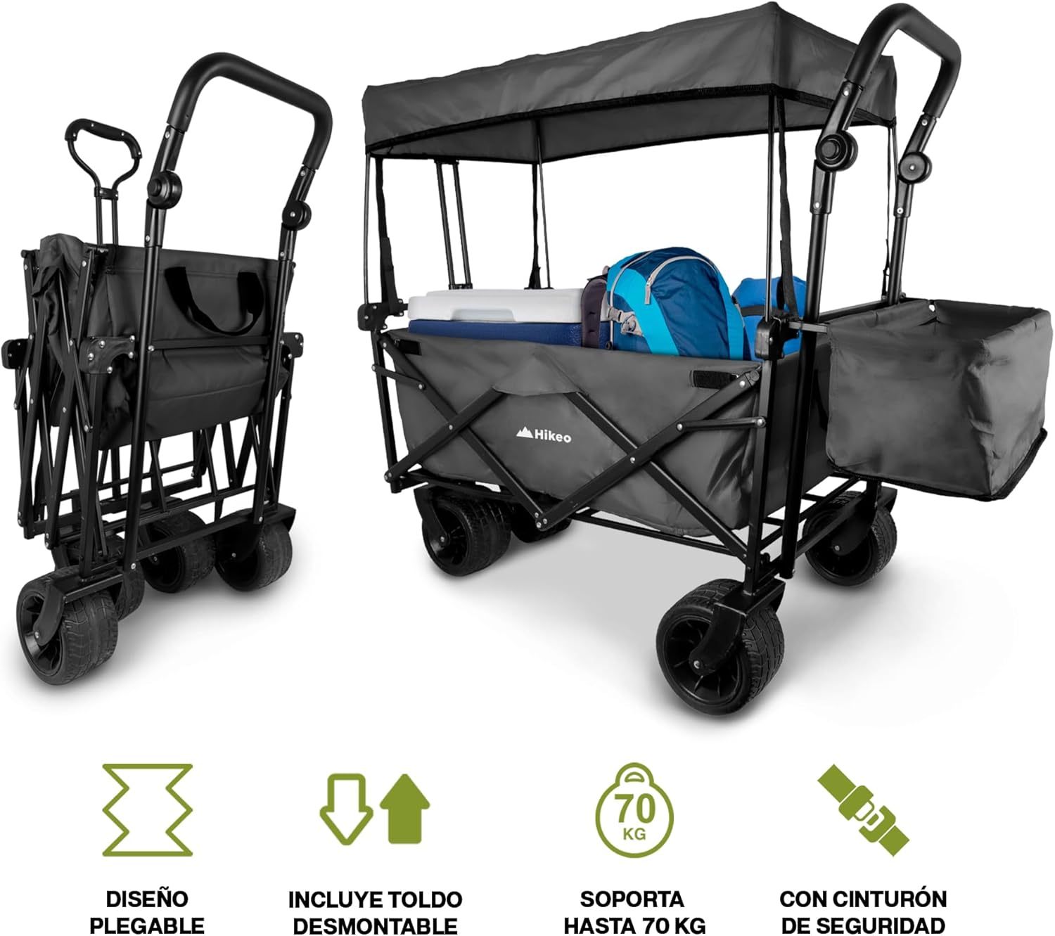 Hikeo Carrito Plegable Portátil y Carriola para Exteriores hasta 70 Kg, Ruedas 360° Todo Terreno con Freno, Incluye Toldo y Cesta de Tela, para Niños y Mascotas, Carretilla Wagon Vagón con Funda