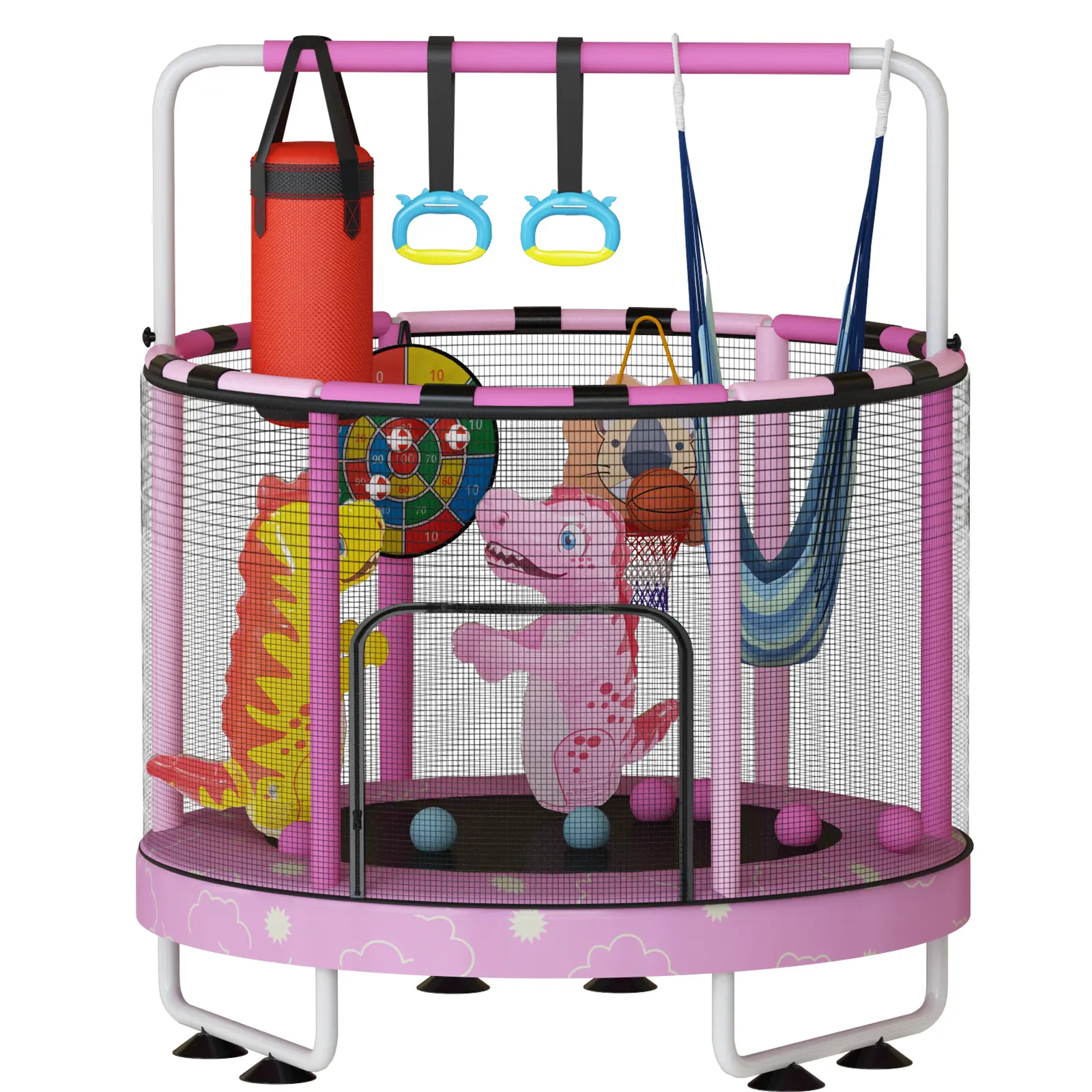 Mini Trampolín Redondo para Niños 7 en 1 – Juguetes Multifuncionales para Interior y Exterior con Aro de Baloncesto, Columpio, Anillos Colgantes, Pelotas de Océano, Bolsa de Arena, Dianas Inflables, Ideal como Regalo para Niños y Niñas, Seguro y Perfecto 