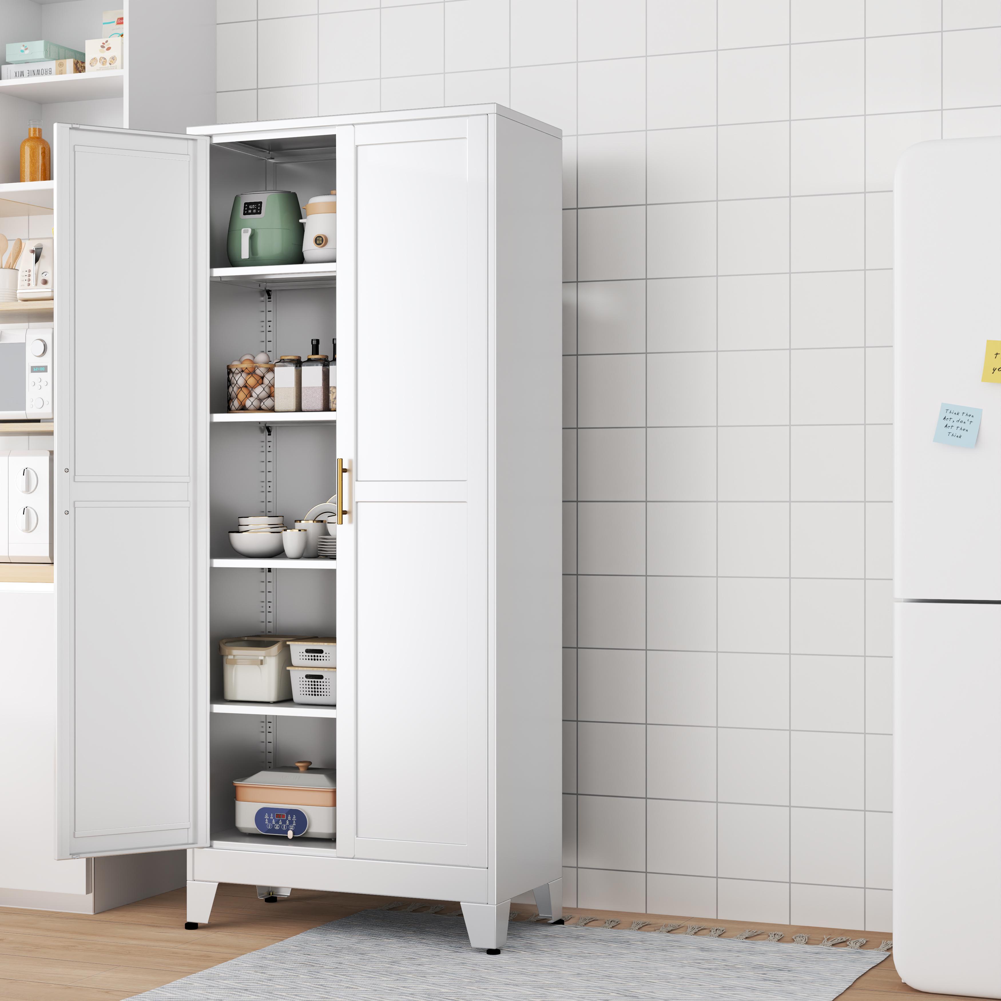 75.2" Tall Pantry Cabinet, Kitchen Pantry Storage Cabinets with 2 Door and 5 Adjustable Shelves, White Metal Pantry Storage Cabinet, Cupboard for Kitchen, Dining Room, Living Room and Bathroom Organizer