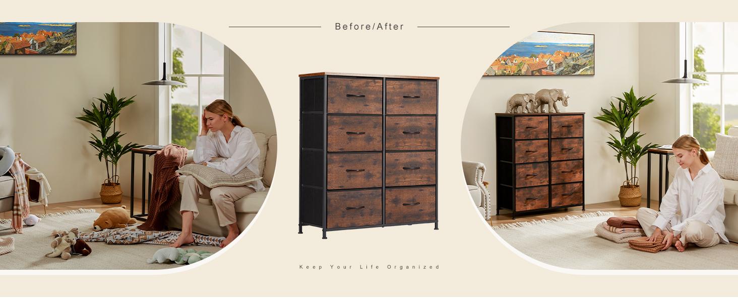 【Deal】Dresser for Bedroom Drawer Dresser Organizer Storage Drawers Fabric Storage Tower, Chest of Drawers with 8 Fabric Bins, Steel Frame, Wooden Top