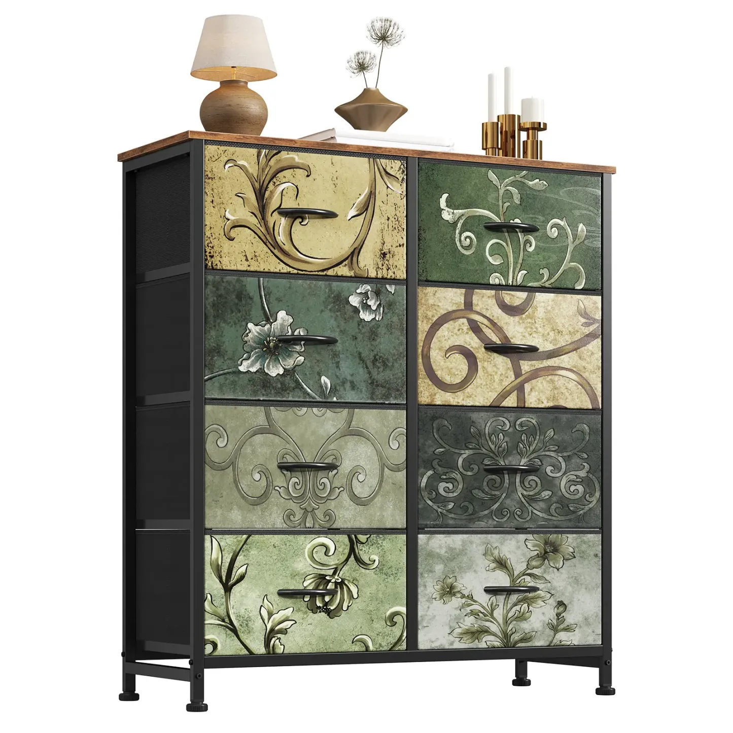 Cómoda para Dormitorio – Organizador con Cajones de Tela, Torre de Almacenamiento con 8 Contenedores de Tela, Estructura de Acero y Tapa de Madera