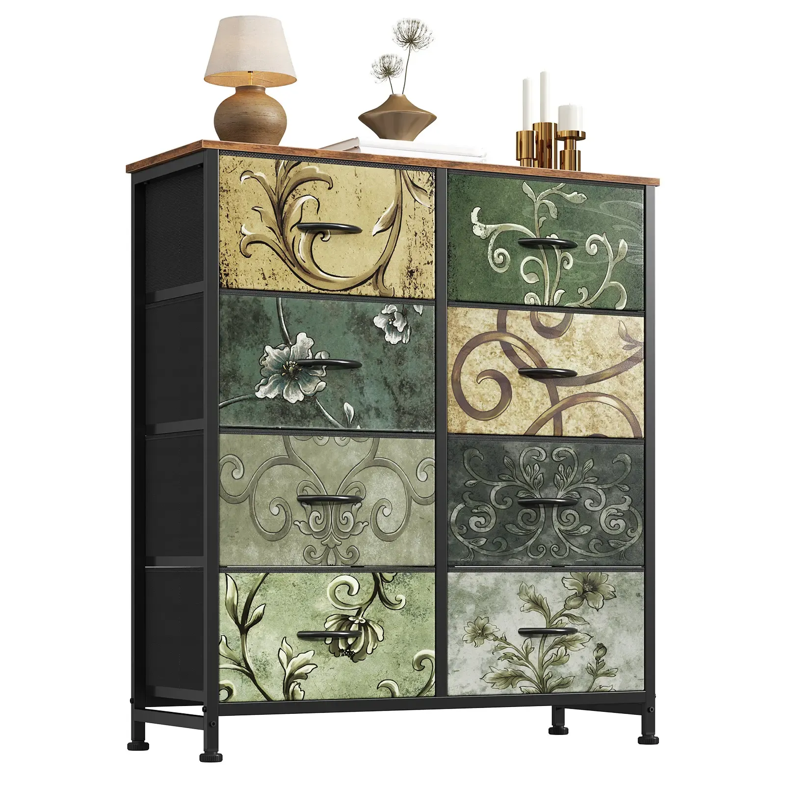 Cómoda para Dormitorio – Organizador con Cajones de Tela, Torre de Almacenamiento con 8 Contenedores de Tela, Estructura de Acero y Tapa de Madera