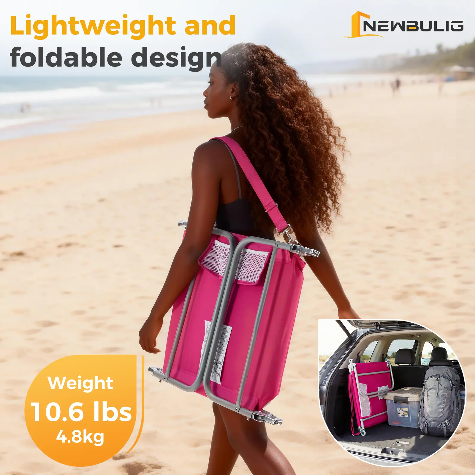 Silla Reclinable Plegable y Ajustable – Silla de Playa Portátil con Correas de Mochila y Bolsillo Lateral para Exterior, Patio, Alberca o Jardín