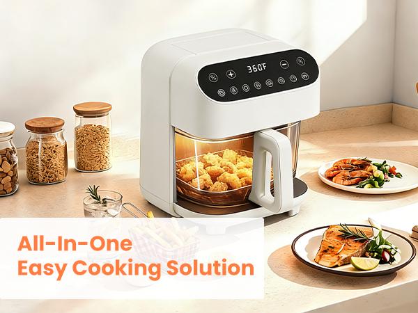 4.5 QT Glass Air Fryer - PFAS-Free & Dishwasher-Safe Basket, 8 Preset Touchscreen, 360&deg; View Cooking, for Healthy Meals in Minutes - White