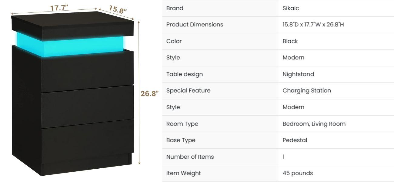 Sikaic Nightstand With Sliding Top Charging Station And LED Lights Furniture Bedroom Modern Design Bedside Table Drawer Home