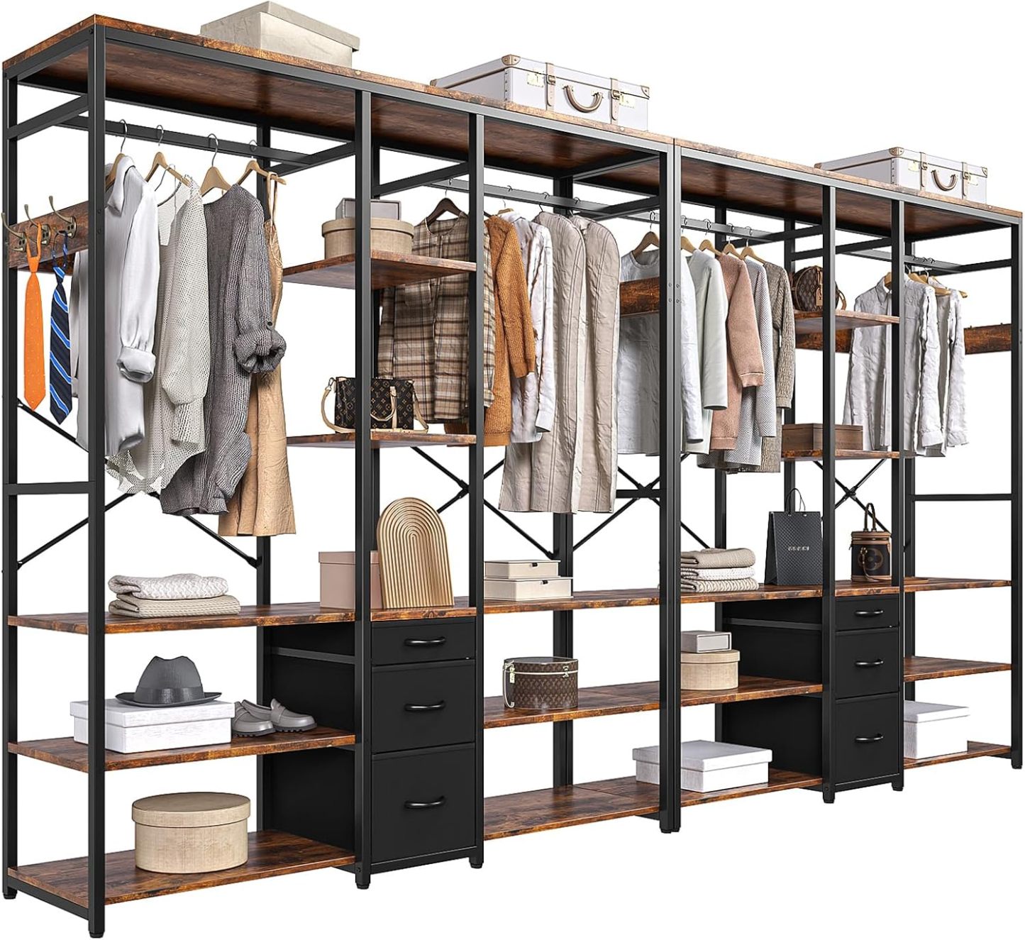 Simple Wisdom Closet Armables Para Ropa,Perchero Para Ropa Con 3 Cajones de Tela y Ganchos,Rack Para Ropa Con 8 Estantes Abiertos,Perchero Abierto Extra Grande,Closet Organizador de Ropa,183*200*40CM