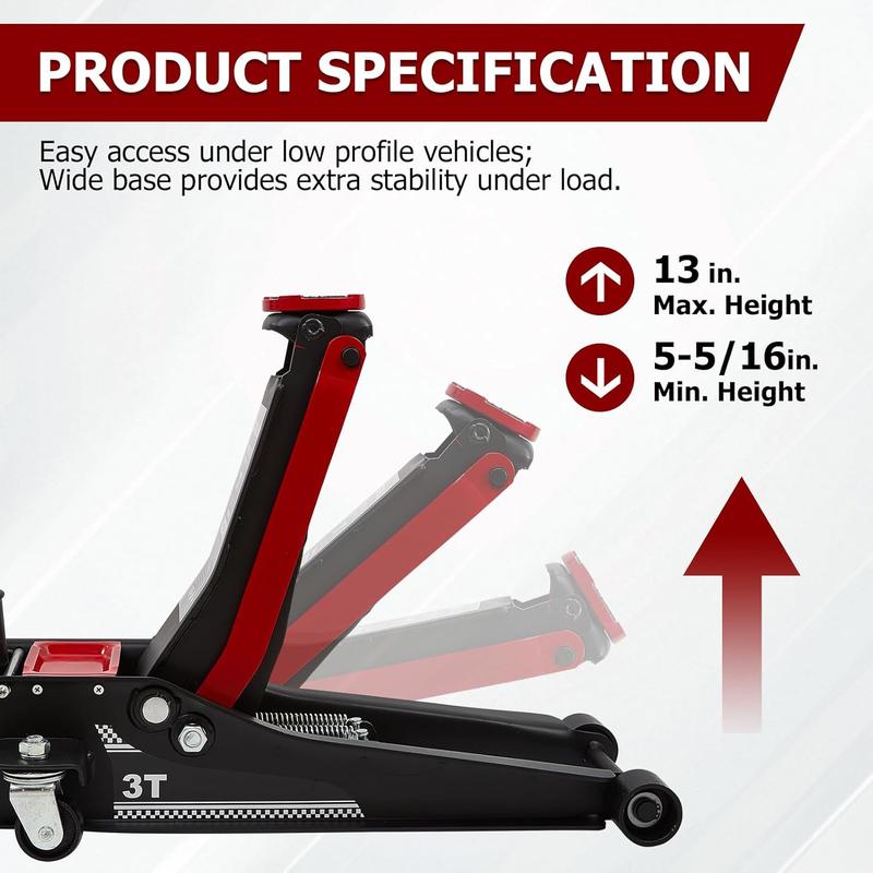 Gato hidráulico de piso de perfil bajo 3 toneladas – Levantamiento rápido, doble pistón, rango 8.5–50 cm, certificado GS, herramienta automotriz para reparación de coches-1001/HY