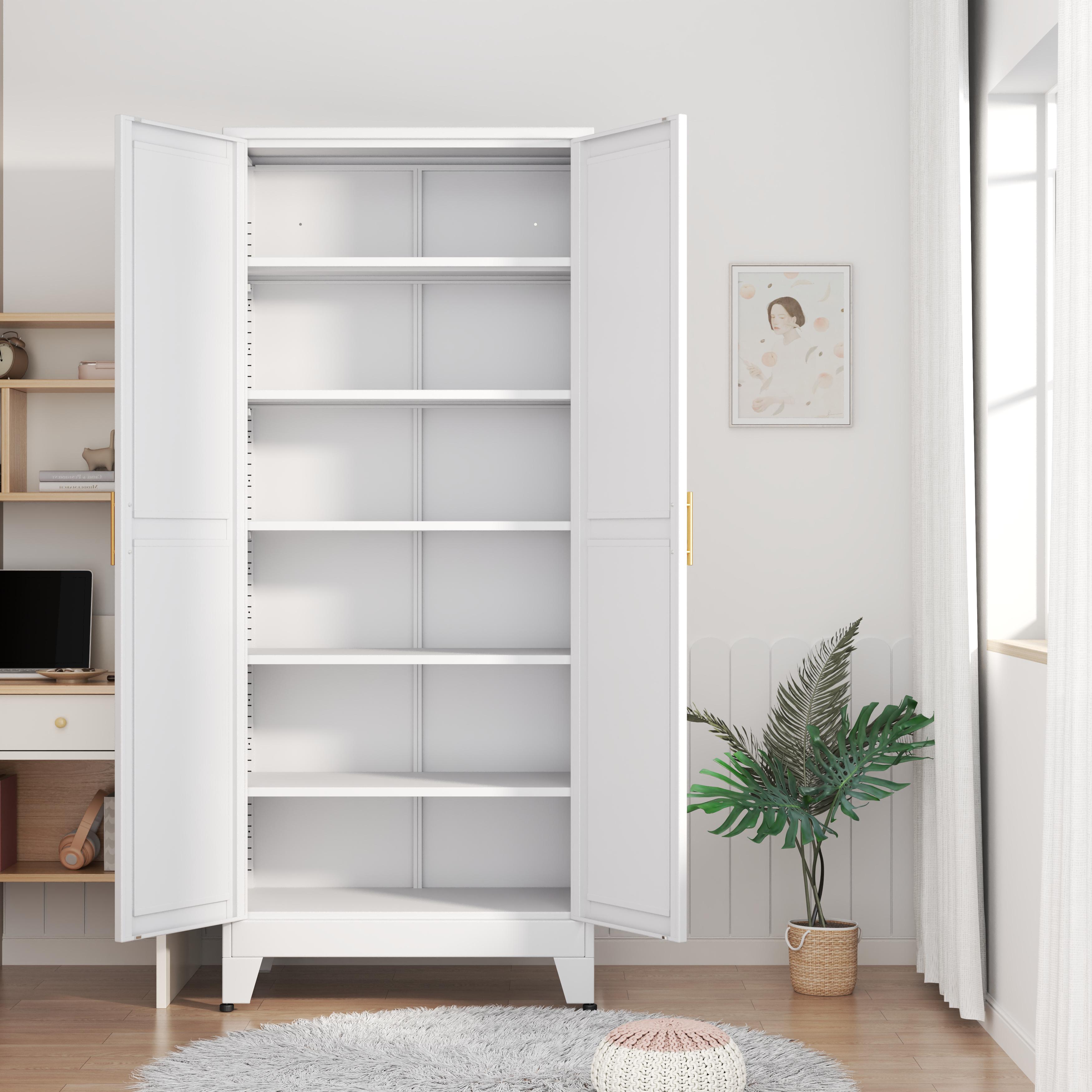 75.2" Tall Pantry Cabinet, Kitchen Pantry Storage Cabinets with 2 Door and 5 Adjustable Shelves, White Metal Pantry Storage Cabinet, Cupboard for Kitchen, Dining Room, Living Room and Bathroom Organizer