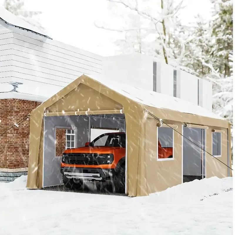 Carpa para autos de alta resistencia de 13'x20', toldo para autos con paredes laterales y puertas extraíbles, garaje portátil extragrande para autos con ventanas enrollables y lona para todas las estaciones, para autos, camionetas, SUV, gris