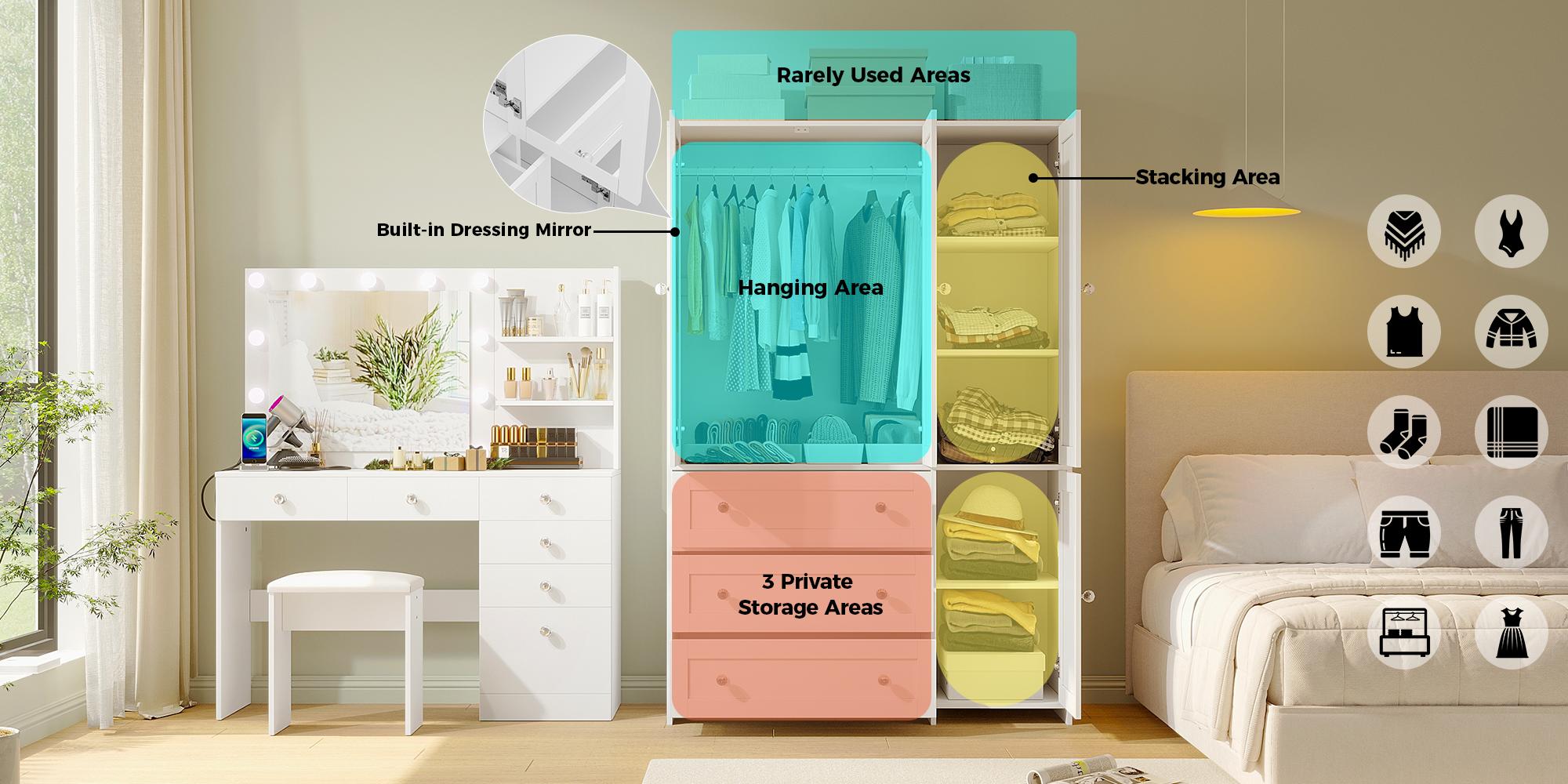 【2 Packages Delivery】VOWNER Wooden Wardrobe Closet Armoire Storage Cabinet 3 Doors with Hanging Rod for Hanging Clothes Bedroom Large Capacity Tall Freestanding Armoire Organizer with Shelves