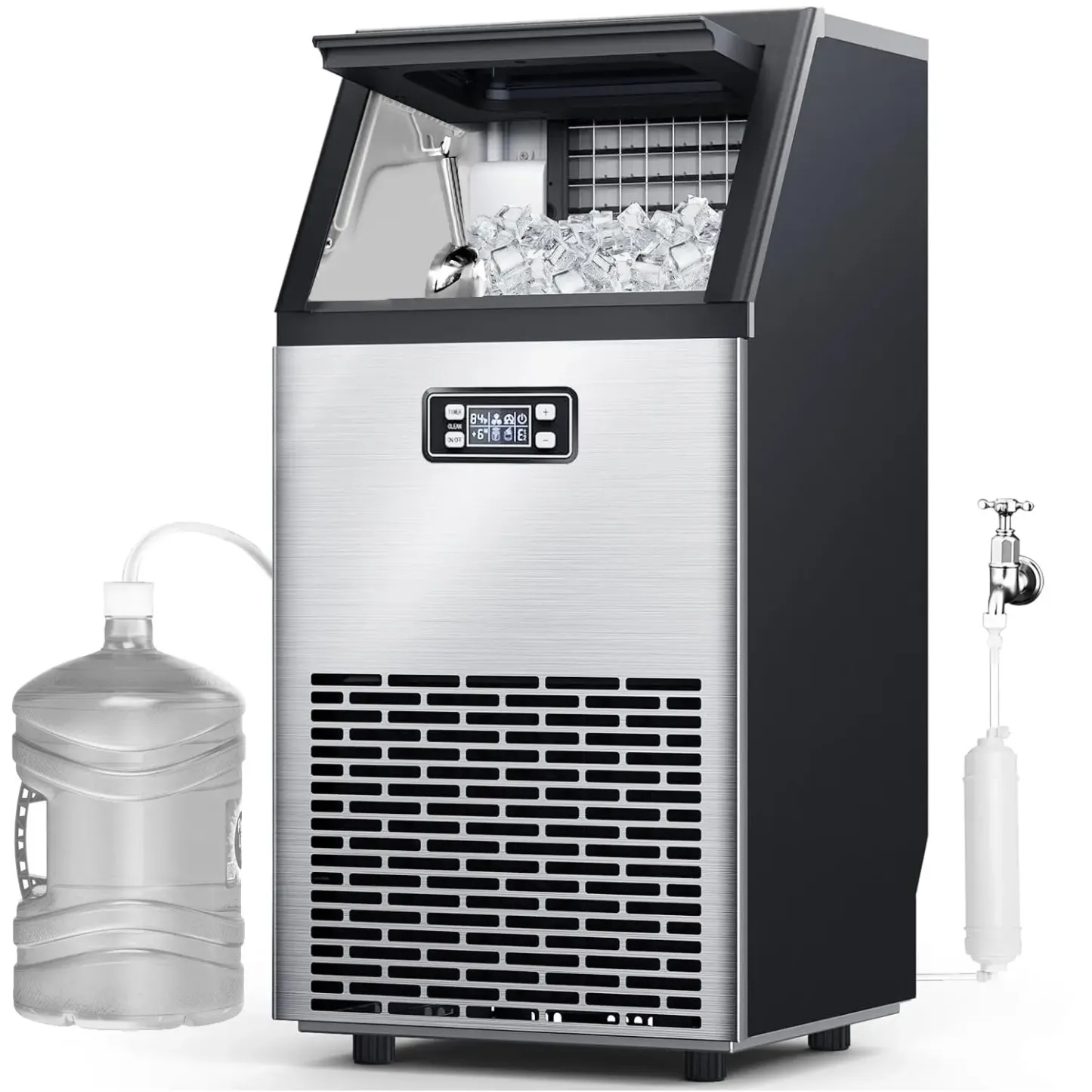 Máquina de hielo comercial COWSAR V2.0, 45 kg, 2 vías de agua, autolimpiable, con temporizador de 24 horas, cesta de 15 kg, de acero inoxidable, para escuelas, hogares, bares y vehículos recreativos.