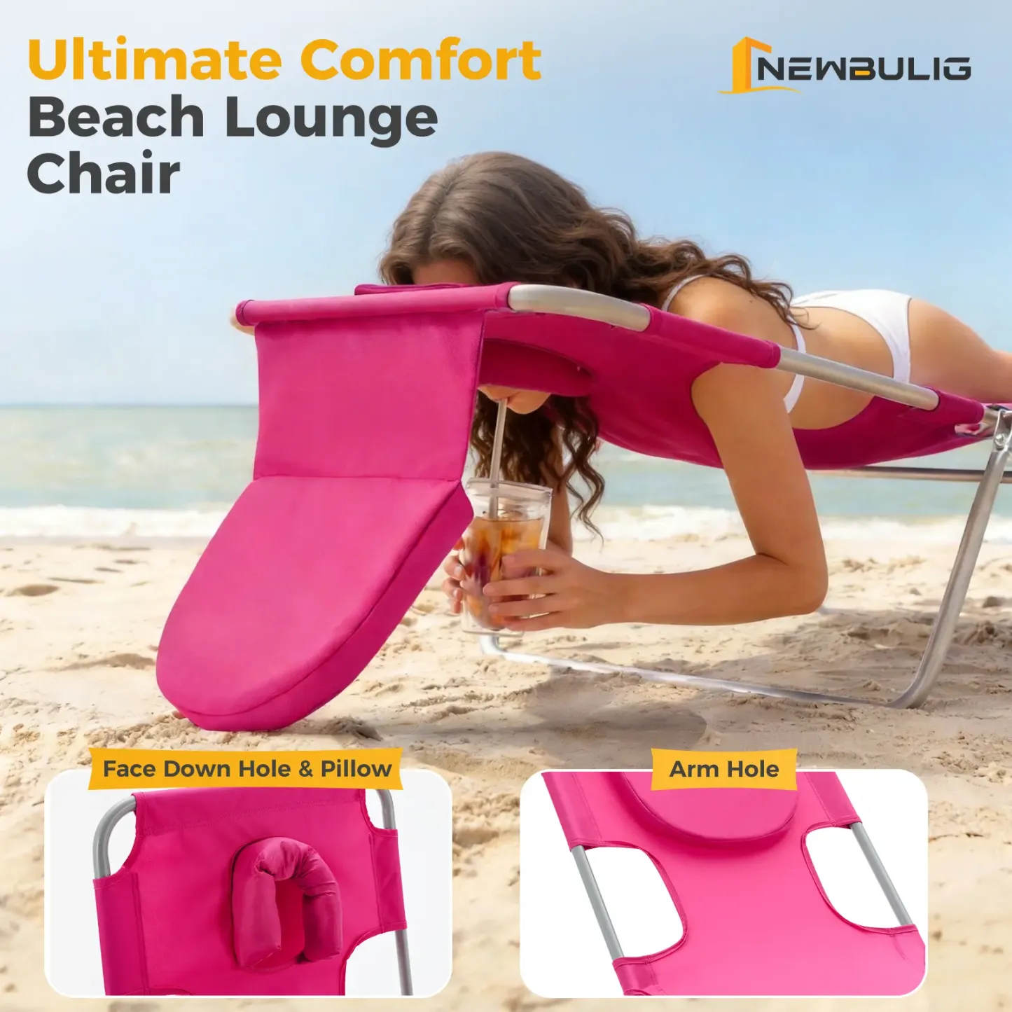 Silla Reclinable Plegable y Ajustable – Silla de Playa Portátil con Correas de Mochila y Bolsillo Lateral para Exterior, Patio, Alberca o Jardín