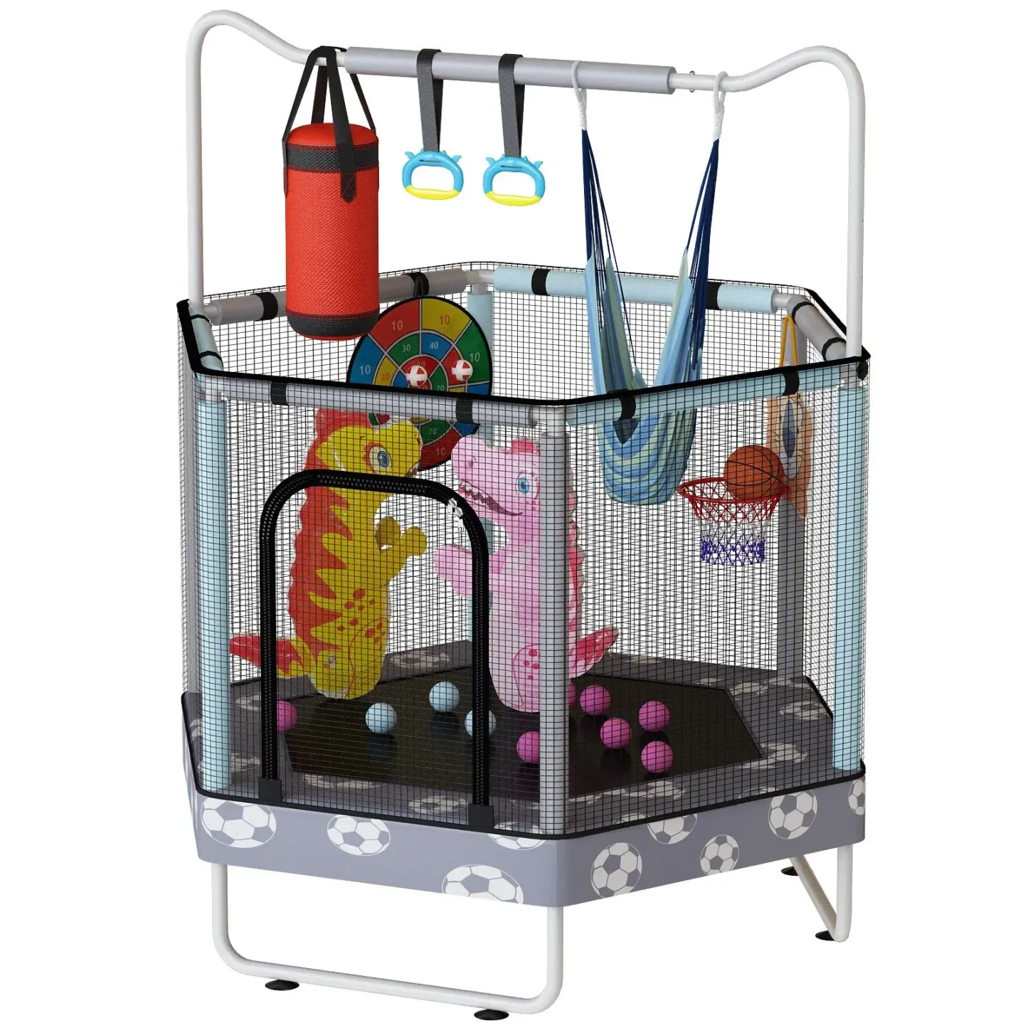 Mini Trampolín Redondo para Niños 7 en 1 – Juguetes Multifuncionales para Interior y Exterior con Aro de Baloncesto, Columpio, Anillos Colgantes, Pelotas de Océano, Bolsa de Arena, Dianas Inflables, Ideal como Regalo para Niños y Niñas, Seguro y Perfecto 