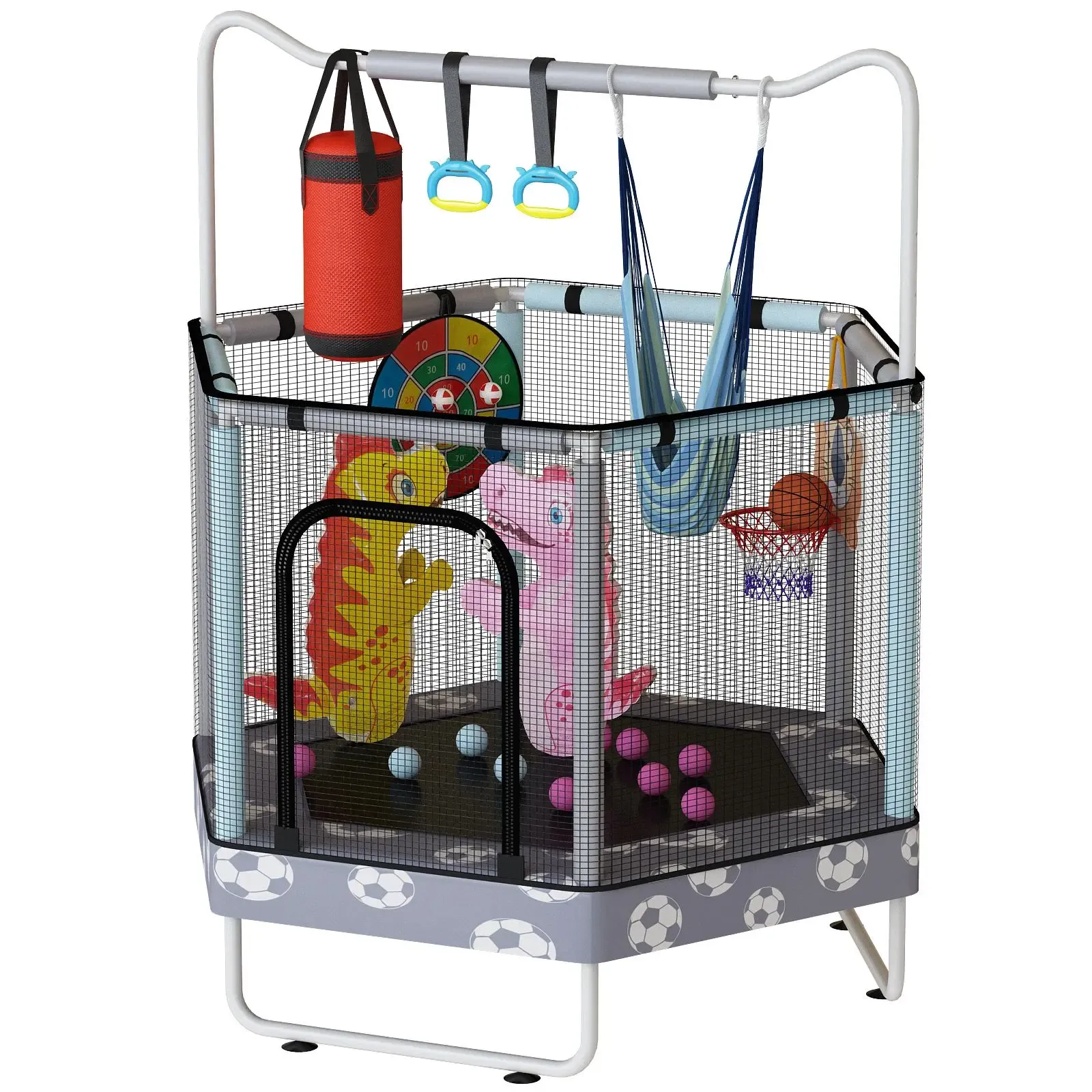 Mini Trampolín Redondo para Niños 7 en 1 – Juguetes Multifuncionales para Interior y Exterior con Aro de Baloncesto, Columpio, Anillos Colgantes, Pelotas de Océano, Bolsa de Arena, Dianas Inflables, Ideal como Regalo para Niños y Niñas, Seguro y Perfecto 