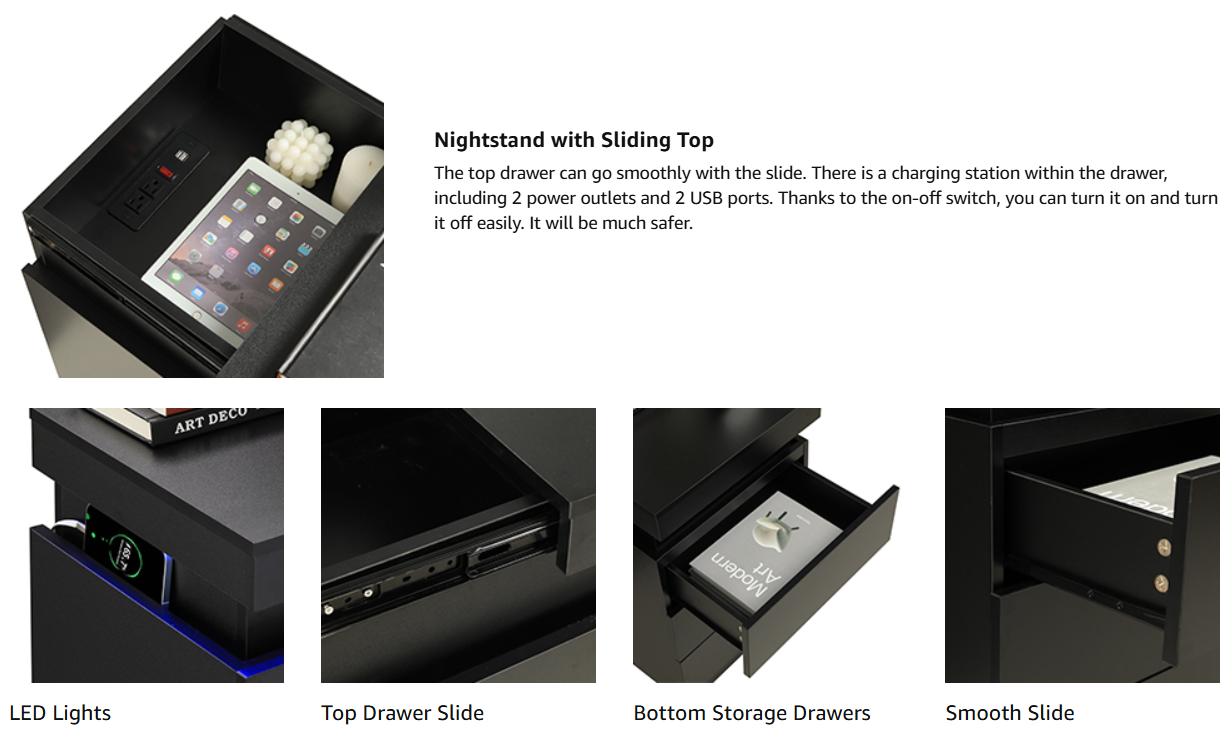 Sikaic Nightstand With Sliding Top Charging Station And LED Lights Furniture Bedroom Modern Design Bedside Table Drawer Home