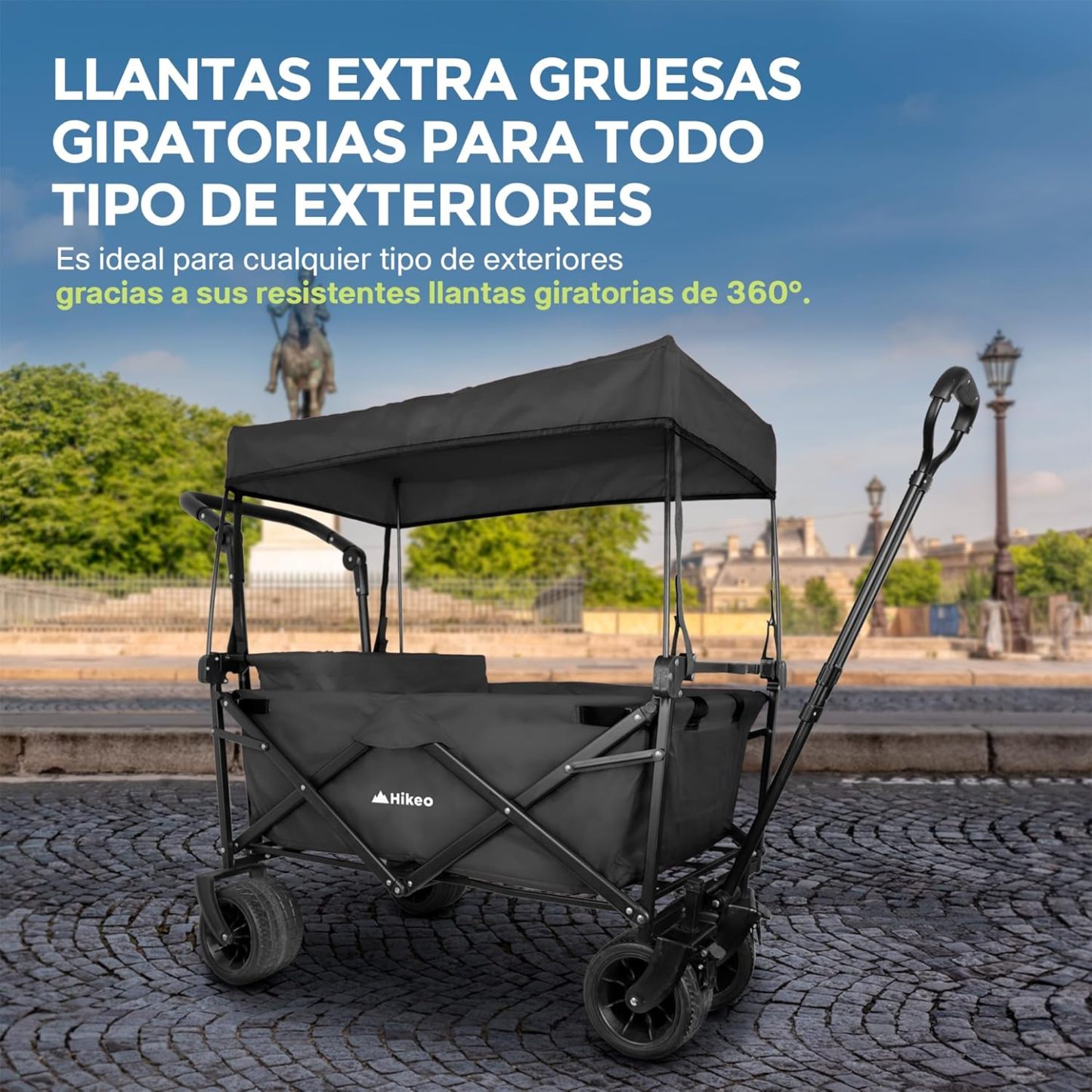 Hikeo Carrito Plegable Portátil y Carriola para Exteriores hasta 70 Kg, Ruedas 360° Todo Terreno con Freno, Incluye Toldo y Cesta de Tela, para Niños y Mascotas, Carretilla Wagon Vagón con Funda