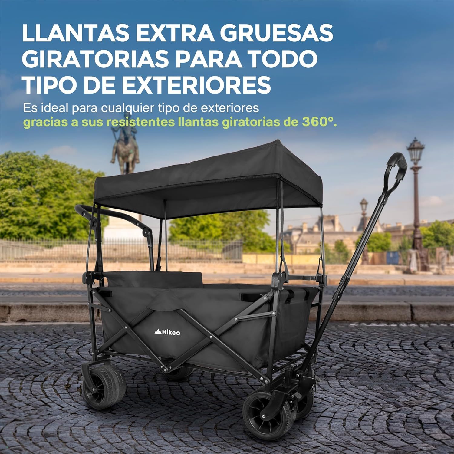 Hikeo Carrito Plegable Portátil y Carriola para Exteriores hasta 70 Kg, Ruedas 360° Todo Terreno con Freno, Incluye Toldo y Cesta de Tela, para Niños y Mascotas, Carretilla Wagon Vagón con Funda