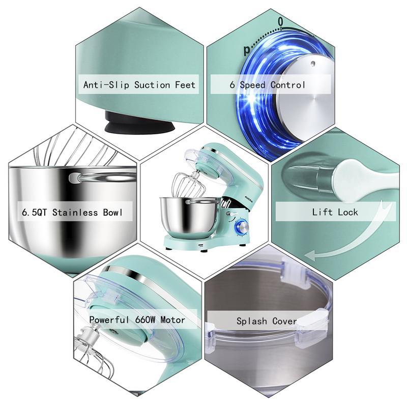Batidora de pie Aucma de 6,5 litros con motor mejorado | Batidora eléctrica de 6 velocidades con cabezal inclinable, tazón de acero inoxidable, gancho para masa, varillas y batidor para repostería y mezclas. Electrodomésticos de cocina.