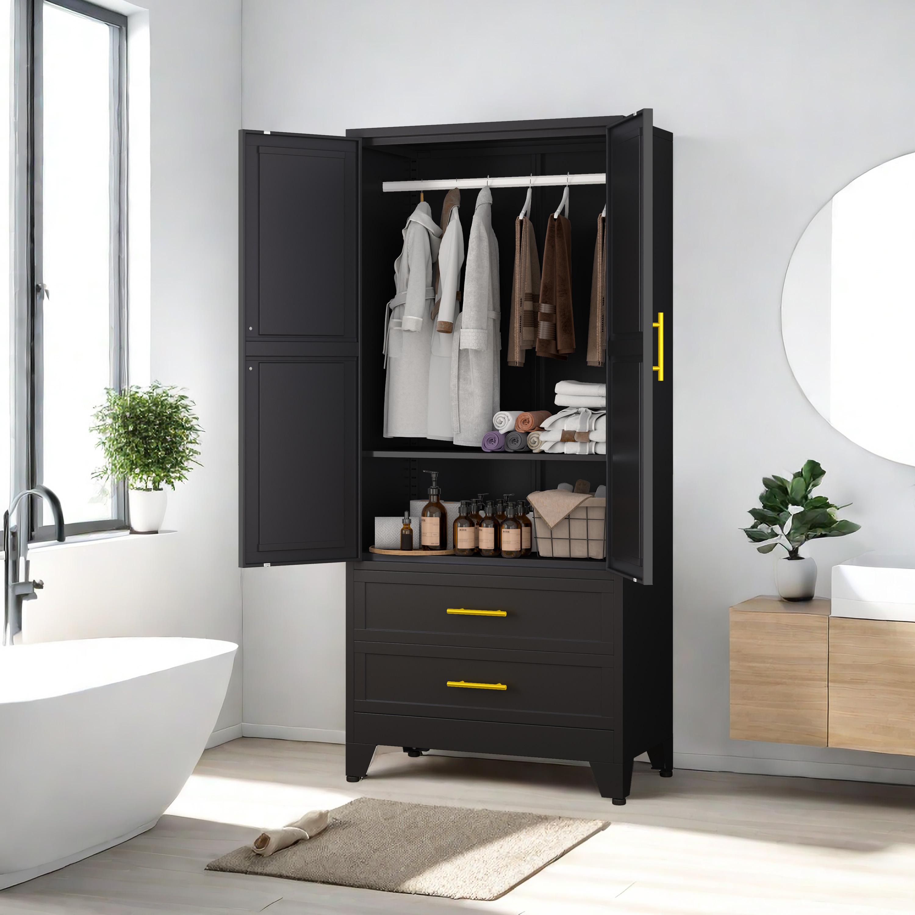 Metal Wardrobe Closet with 2 Doors & 2 Drawers, 71"" Tall Armoire Wardrobe Closet with Hanging Rods and Adjustable Shelf, Steel Wardrobe Storage Cabinet for Bedroom, Large mothersdaygift