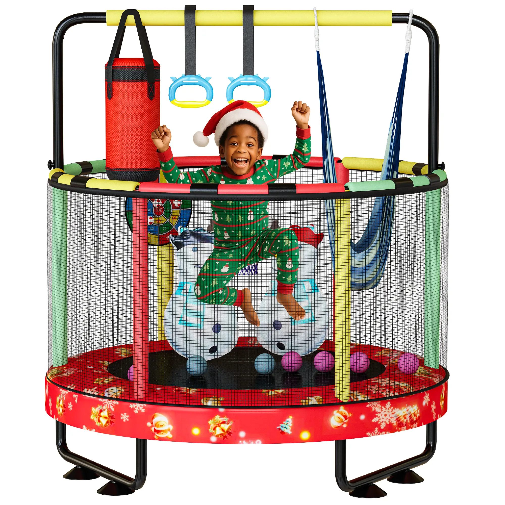 Mini Trampolín Redondo para Niños 7 en 1 – Juguetes Multifuncionales para Interior y Exterior con Aro de Baloncesto, Columpio, Anillos Colgantes, Pelotas de Océano, Bolsa de Arena, Dianas Inflables, Ideal como Regalo para Niños y Niñas, Seguro y Perfecto 