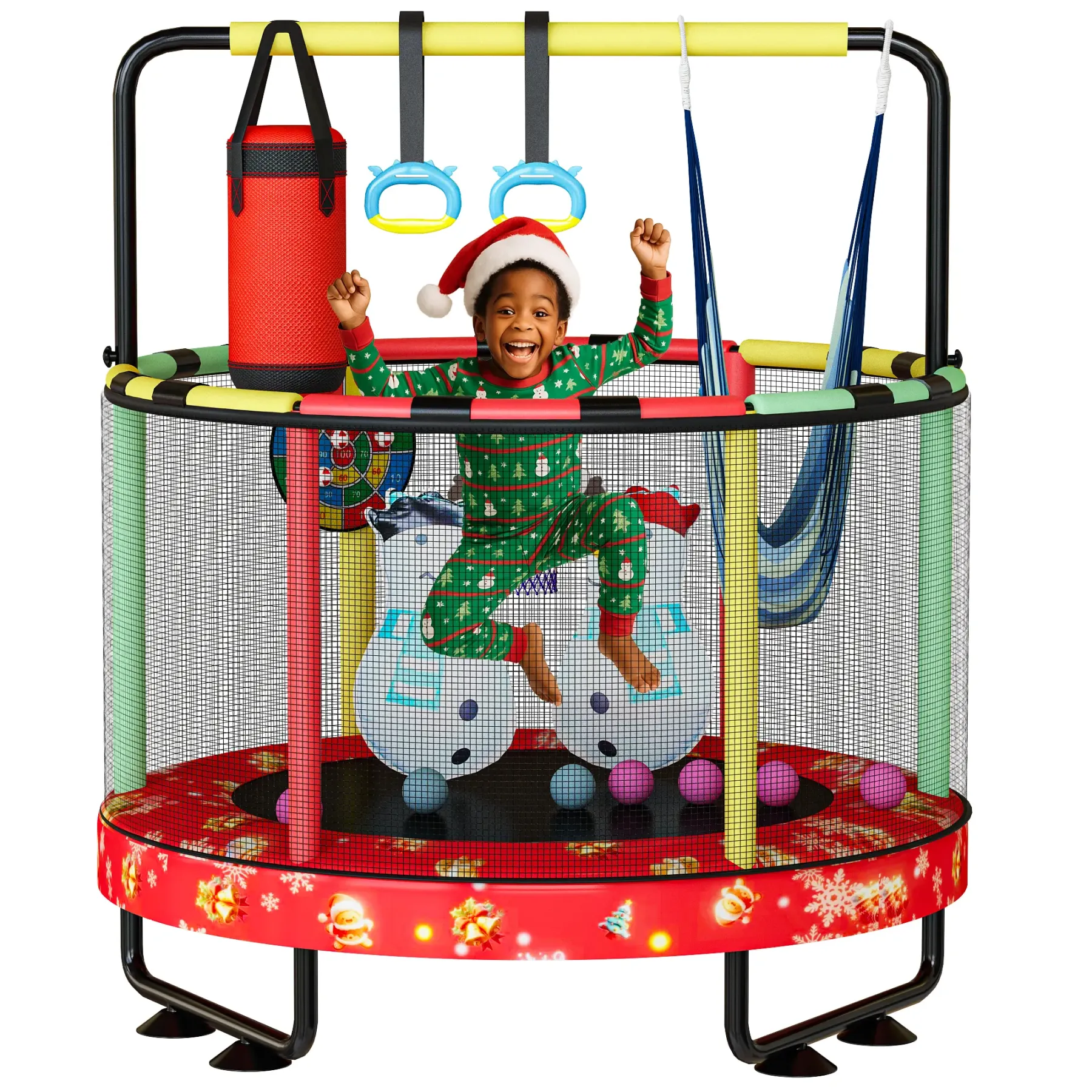 Mini Trampolín Redondo para Niños 7 en 1 – Juguetes Multifuncionales para Interior y Exterior con Aro de Baloncesto, Columpio, Anillos Colgantes, Pelotas de Océano, Bolsa de Arena, Dianas Inflables, Ideal como Regalo para Niños y Niñas, Seguro y Perfecto 