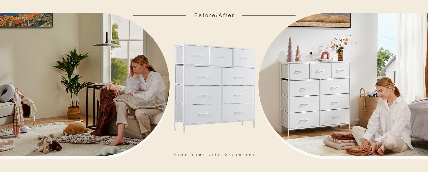 【New Color】Fabric Storage Tower with 9 Drawers, Bedroom Drawer Dresser Organizer, Chest of Drawers with Fabric Bins, Steel Frame and Wooden Tabletop