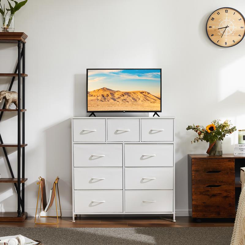 【Nuevo color】Torre de almacenamiento de tela con 9 cajones, organizador de cómoda para dormitorio, cajonera con cestas de tela, estructura de acero y superficie de madera.