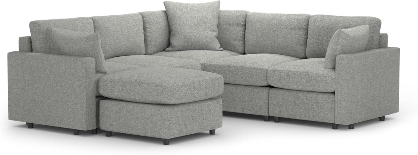 MODISOFA - Sofá Sala Esquinera Modular con Otomano | 6 Plazas | Gris Claro | + Pillow Pack | Fácil de Ensamblar y Adaptable | Envío Gratis