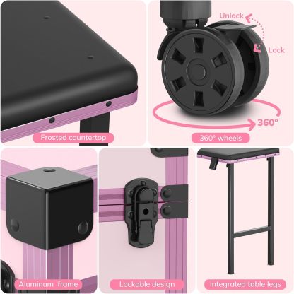 EASYINBEAUTY - Mesa de manicura portátil con 2 cajones, organizador de espejo y esmalte de uñas, estuche de tren de maquillaje con cerradura con computadora de uñas plegable, estuche de viaje