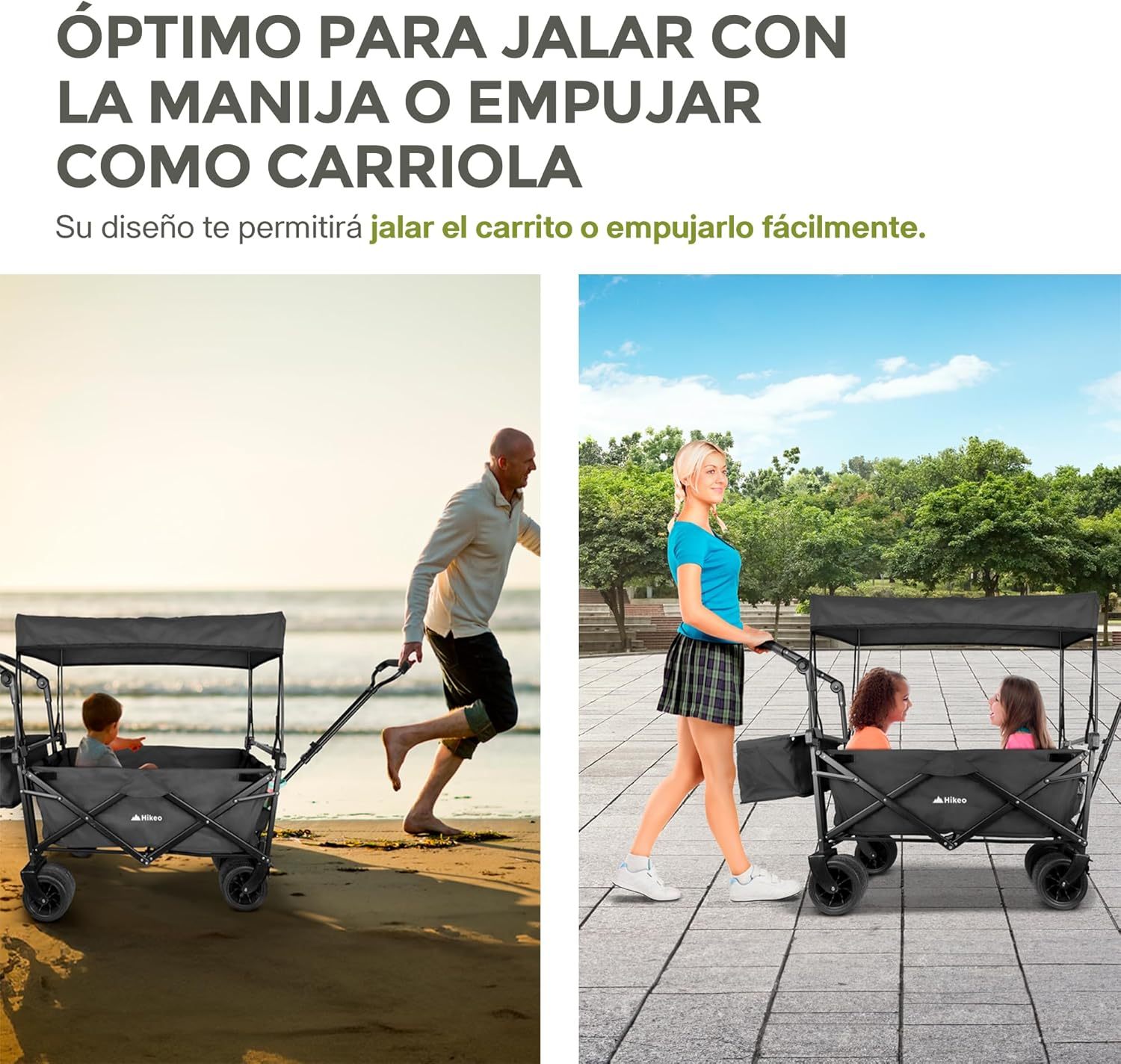 Hikeo Carrito Plegable Portátil y Carriola para Exteriores hasta 70 Kg, Ruedas 360° Todo Terreno con Freno, Incluye Toldo y Cesta de Tela, para Niños y Mascotas, Carretilla Wagon Vagón con Funda