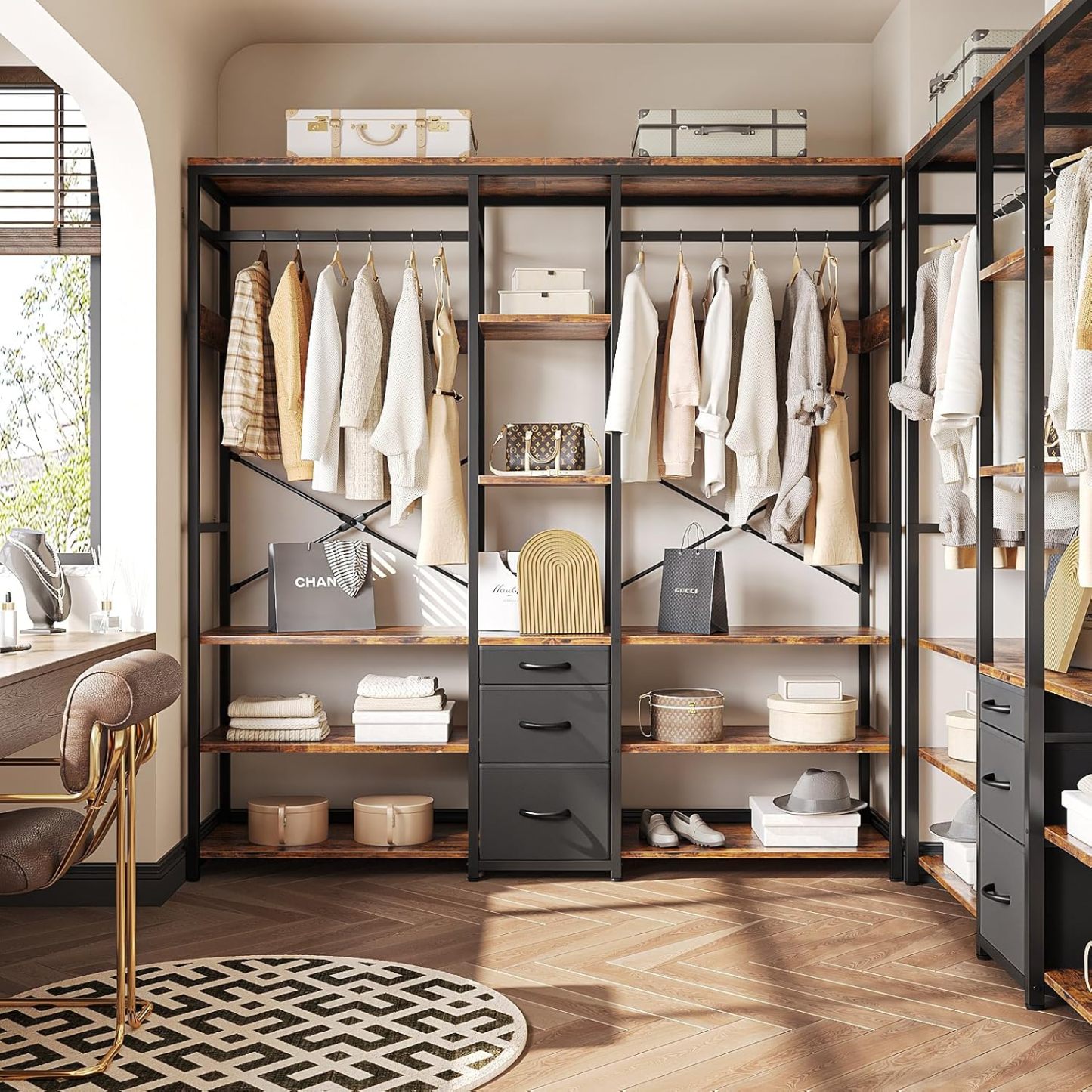 Simple Wisdom Closet Armables Para Ropa,Perchero Para Ropa Con 3 Cajones de Tela y Ganchos,Rack Para Ropa Con 8 Estantes Abiertos,Perchero Abierto Extra Grande,Closet Organizador de Ropa,183*200*40CM