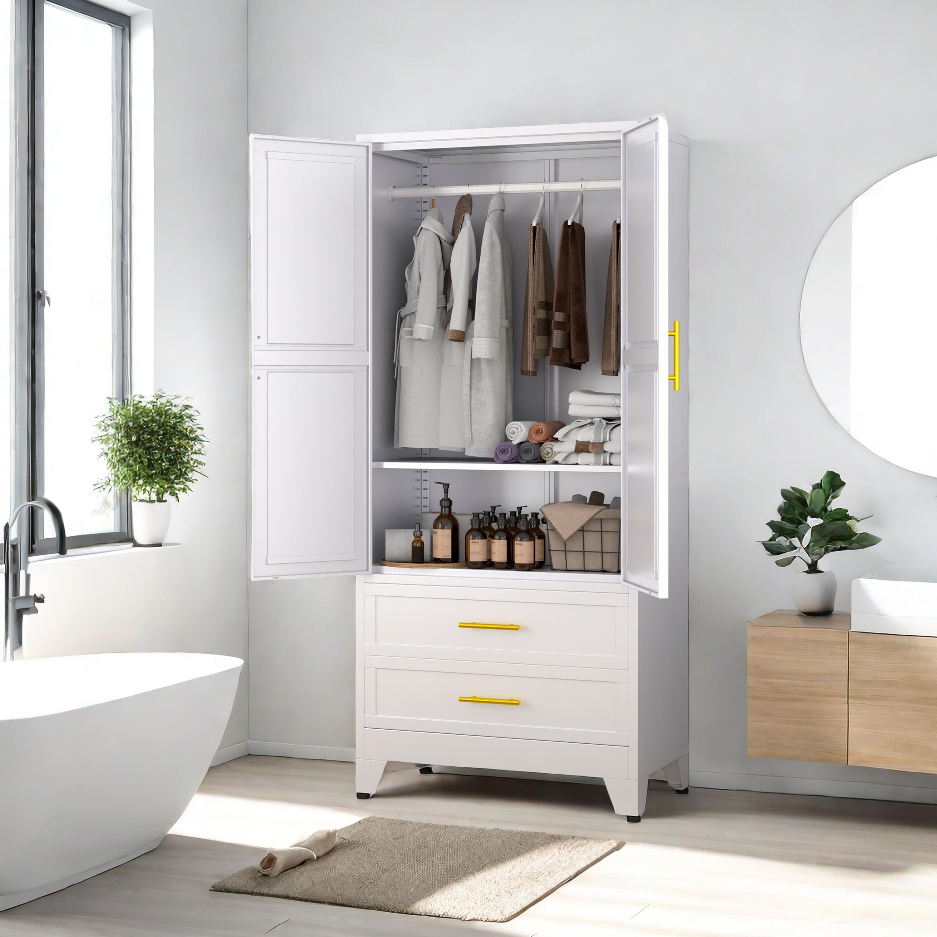 Metal Wardrobe Closet with 2 Doors & 2 Drawers, 71"" Tall Armoire Wardrobe Closet with Hanging Rods and Adjustable Shelf, Steel Wardrobe Storage Cabinet for Bedroom, Large mothersdaygift