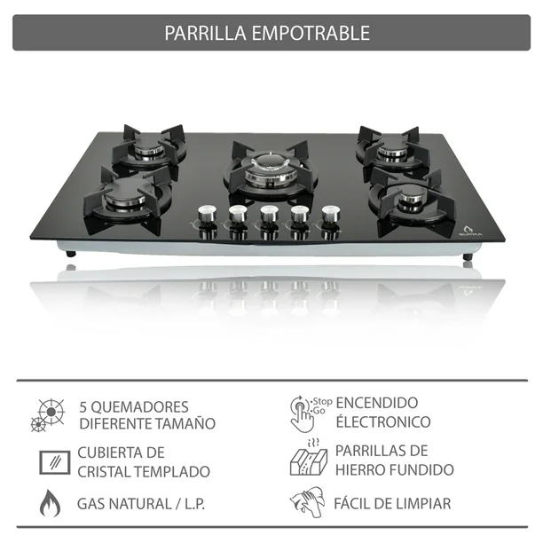 Combo parrilla empotrable y Campana SUPRA BELLAGIO de cristal templado color negro gas LP y gas natural 5 quemadores